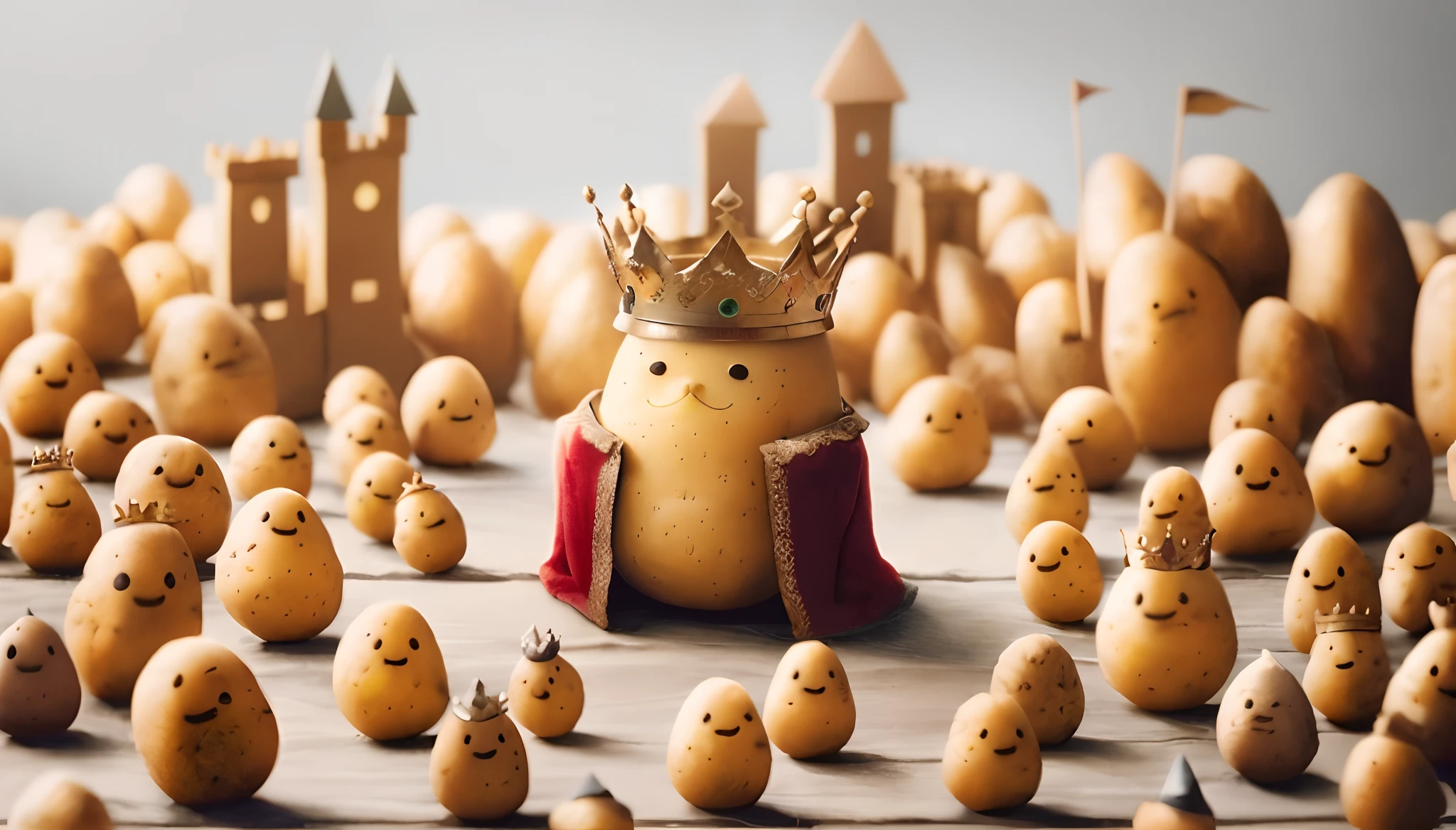 photoRealstic、4K、8K、Top image quality、The little potato king with a majestic crown sits on the throne、Rule a vast potato kingdom full of potato subjects and potato castles　The sky is blue with the sun in the upper left and the plateau is the brown soil of the field and the bright green forest in the upper right corner