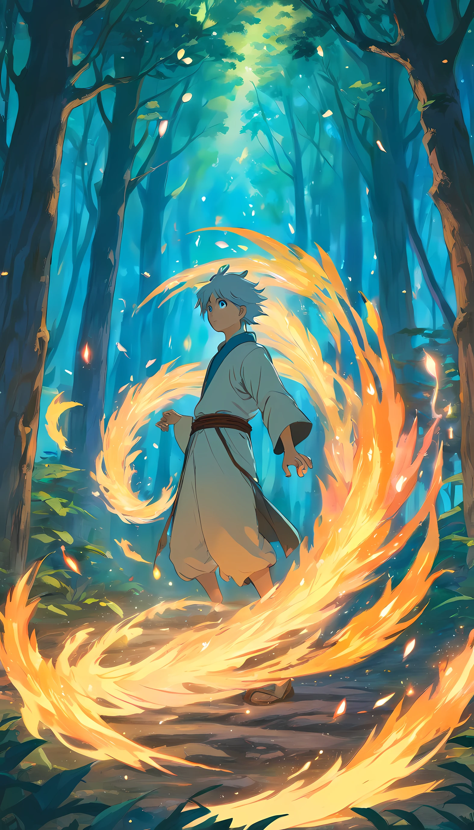 Amidst an ancient and overgrown forest, the essence of magic takes form through a young man,white hair,blue eyes, his hair as dark as the shadows and his eyes a radiant golden blaze. A mystical mark graces his neck, shimmering with latent power. Within a clearing, he stands engulfed in a cascading torrent of flames, the fire's heat tempered by an otherworldly energy. As the magical fire spirals and dances, it conjures a swirling dance of luminous particles, each a fragment of his ethereal aura. Arcane symbols materialize in midair, their glow casting an eerie light on his intense focus. The scene exudes a sense of ancient power and hidden knowledge, as if the woods themselves are alive with long-forgotten secrets. The mood is one of serene intensity, where the balance of nature and magic intertwine. The illustration style captures this mystical aura through detailed digital artistry, combining intricate linework with vibrant color palettes. --ar 16:9 --v 5