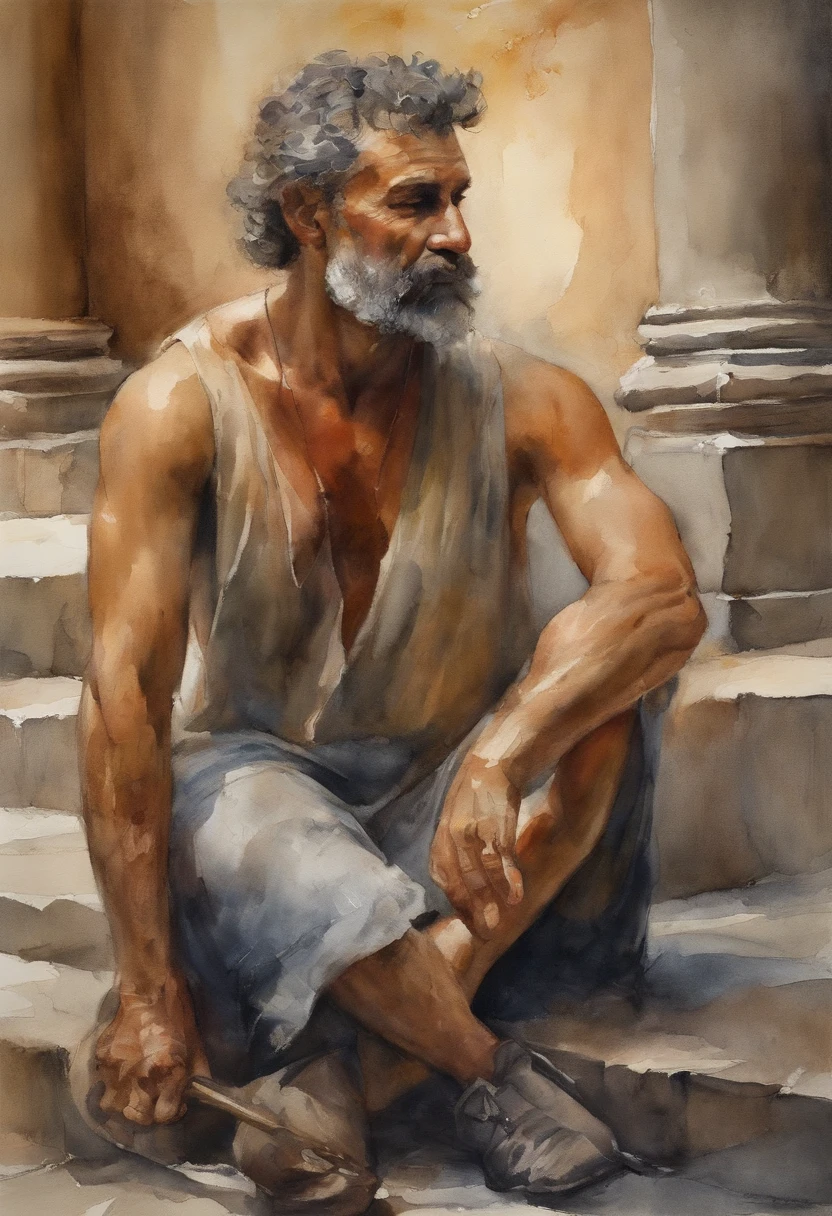 Um rua onde vielas se encontram, personagem masculino de meia-idade, com cabelos grisalhos e barba por fazer. His expression of agony is frozen on his pale face, Lying on the cobblestone floor, vemos a cena de cima, um vulto sutil em uma parte das vielas