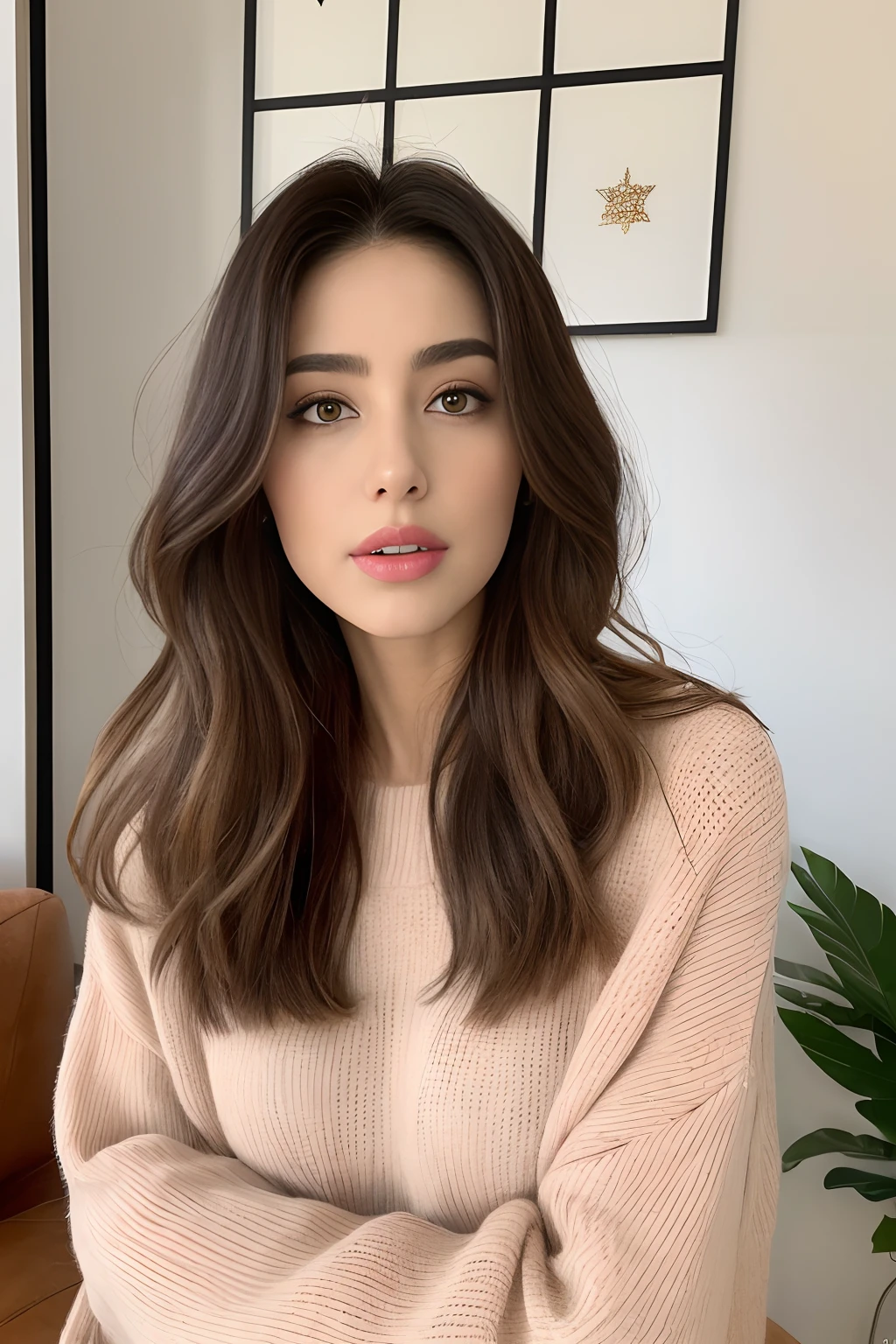 Woman posing for camera in sunny living room while doing her makeup, a portrait inspired by Gina Pellón, instagram, Tachisme, Violeta Myers, Lorena Avarez, olivia culpo, Alanis Guillen, Parece Laura Barriales, Retrato Sophie Mudd, curtido ameera al taweel , mulher bonita, cabelos curto castanhos