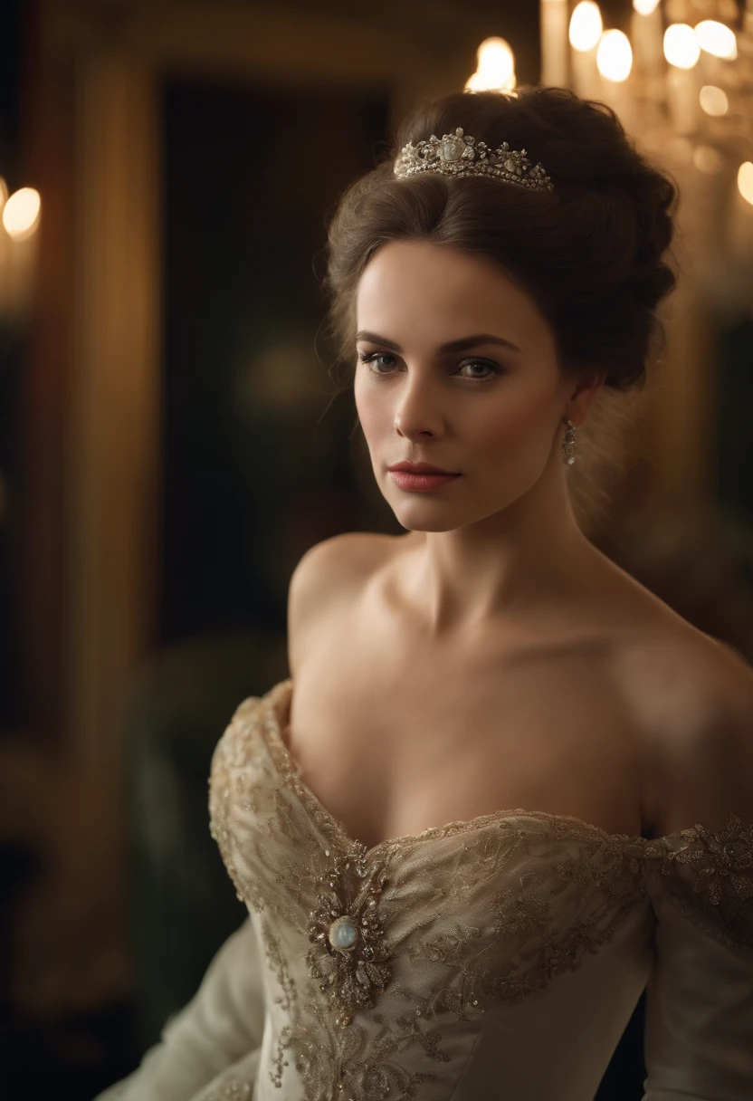 At a party in a ballroom, in a mansion in regency era London, a beautiful young victorian woman, middle-aged woman, 25 years old, wearing a victorian ball gown with bare shoulders, covering her arms with an extremely luxurious coat, white skin, updo hair, green eyes, extremely detailed light hazel eyes, detailed symmetric realistic face, extremely detailed natural skin texture, peach fuzz, messy hair, masterpiece, absurdres, nikon d850 film stock photograph, kodak portra 400 camera f1.6 lens, extremely detailed, amazing, fine detail, rich colors, hyper realistic lifelike texture, dramatic lighting, cinestill 800 tungsten, raw photo, high quality, highres, sharp focus, extremely detailed, cinematic lighting, 8k uhd