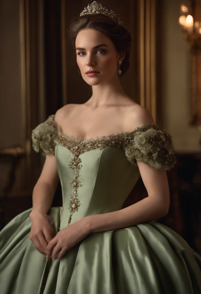 At a party in a ballroom, in a mansion in regency era London, a beautiful young victorian woman, middle-aged woman, 25 years old, wearing a victorian ball gown with bare shoulders, covering her arms with an extremely luxurious coat, white skin, updo hair, green eyes, extremely detailed light hazel eyes, detailed symmetric realistic face, extremely detailed natural skin texture, peach fuzz, messy hair, masterpiece, absurdres, nikon d850 film stock photograph, kodak portra 400 camera f1.6 lens, extremely detailed, amazing, fine detail, rich colors, hyper realistic lifelike texture, dramatic lighting, cinestill 800 tungsten, raw photo, high quality, highres, sharp focus, extremely detailed, cinematic lighting, 8k uhd