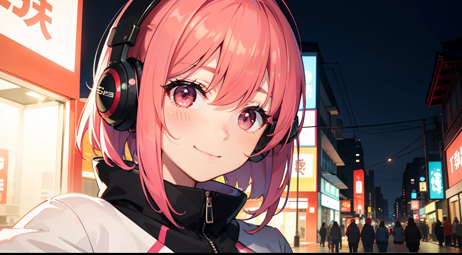 Red LED Female Illustration Profile,Baseball Jacket,Hairstyle Short Bob,Pink hair,Wear overhead headphones, A smile、front-facing view, Background of Japan in Tokyo, natta,night scene,Provector, high detailing, Vibrant, Japan hologram symbol, Barcode Design, 4K, nffsw, masutepiece