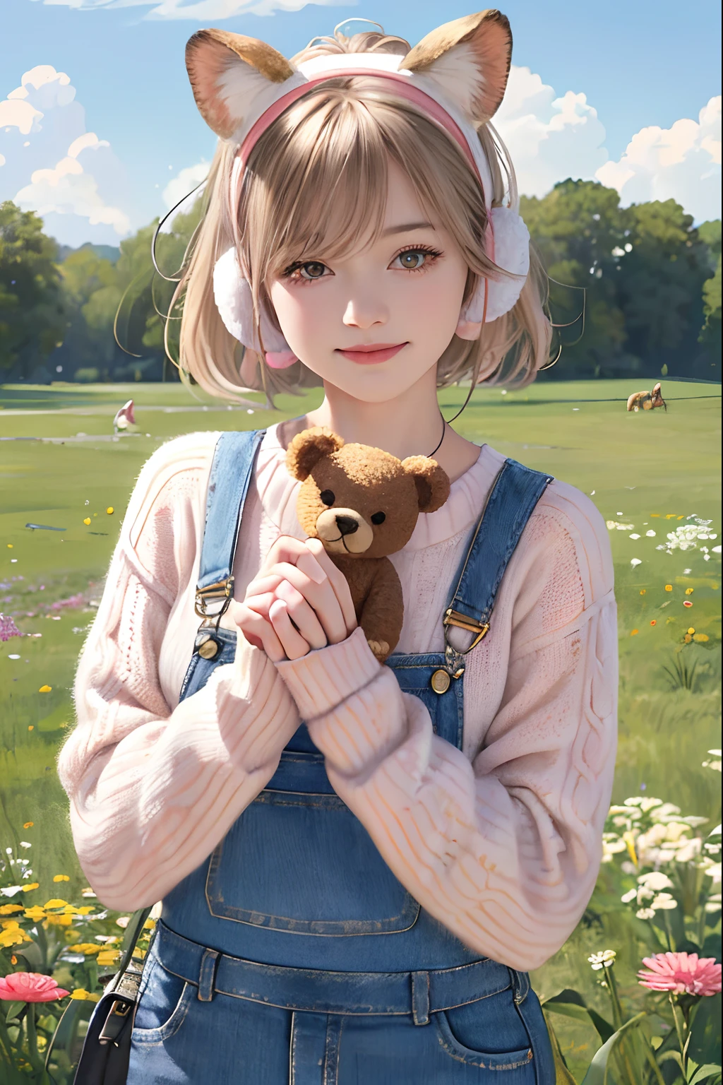 (masterpiece:1.5, best quality:1.5), realistic, (hyper realistic:1.5), (photo realistic:1.5), (real picture, intricate details), looking at viewer, (8k wallpaper:1.5) (from knee to head:1.15), (detailed face:1.5), (detailed eyes:1.5), (sharp photo),highly detailed, ultra-detailed, ultra high res, (strong depth of field:1.5)
Style - Cute and playful
Locate - Open field
Background - Blue sky with white clouds
Subject - Small girl with pink knitwear and animal ear hat, holding a teddy bear
View - Front view
Appearance - Short hair, bright eyes, rosy cheeks
Outfit - Pink knit sweater, denim overalls, white sneakers, animal ear hat
Pose - Standing with a big smile, hugging the teddy bear
Details - Wildflowers and tall grass in the background, butterflies and birds flying around
Effects - Warm sunlight shining on the girl, casting a soft glow
Description - A cute and innocent girl enjoys her time in an open field, surrounded by the beauty of nature. She wears a pink knit sweater, denim overalls, and an animal ear hat while hugging a teddy bear. The warm sunlight shines on her and the wildflowers sway gently in the breeze. Butterflies and birds fly around her, adding to the playful atmosphere.