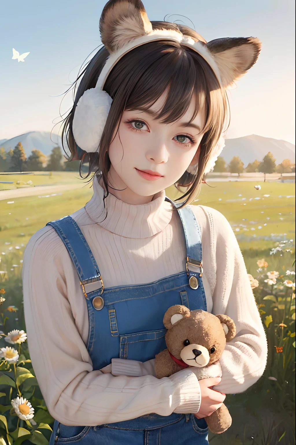 (Masterpiece:1.5, Best quality:1.5), Realistic, (Ultra photo realsisim:1.5), (photograph realistic:1.5), (Real picture, Intricate details), view the viewer, (8K wallpaper:1.5) (From knee to head:1.15), (Detailed face:1.5), (Detailed eyes:1.5), (clear photo),Highly detailed, Ultra-detailed, 超高分辨率, (strong depth of field:1.5)
Style - cute and playful
Positioning - Open field
Background - blue sky and white clouds
Theme - girl with pink knitwear and animal earmuffs, Holding a teddy bear
View—Front view
Appearance - short hair, Bright eyes, Ruddy cheeks
Clothing - pink knitted sweater, jeans overalls, White sneakers, Animal earmuffs
Posture - Stand with a big smile, Hug the teddy bear
Details - wildflowers and tall grass in the background, Butterflies and birds flying around
Effect - warm sunlight shines on the girl, Cast a soft glow
Description - A cute and innocent girl enjoying her time in an empty field, Surrounded by the beauty of nature. She wears a pink knitted sweater, jeans overalls, Wear animal earmuffs when hugging teddy bears. The warm sun shines on her,wildflowers gently swaying in the breeze. Butterflies and birds flew around her, adding to the playful atmosphere.