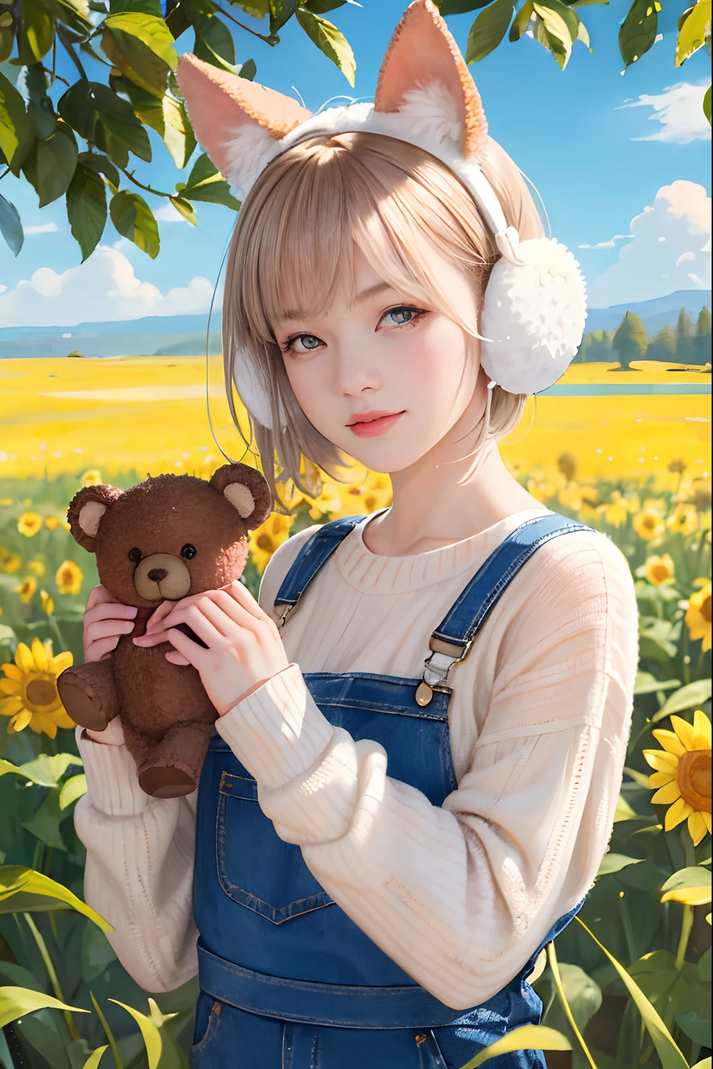 (Masterpiece:1.5, Best quality:1.5), Realistic, (Ultra photo realsisim:1.5), (photograph realistic:1.5), (Real picture, Intricate details), view the viewer, (8K wallpaper:1.5) (From knee to head:1.15), (Detailed face:1.5), (Detailed eyes:1.5), (clear photo),Highly detailed, Ultra-detailed, 超高分辨率, (strong depth of field:1.5)
Style - cute and playful
Positioning - Open field
Background - blue sky and white clouds
Theme - Little girl with pink knitwear and animal earmuffs, Holding a teddy bear
View—Front view
Appearance - short hair, Bright eyes, Ruddy cheeks
Clothing - pink knitted sweater, jeans overalls, White sneakers, Animal earmuffs
Posture - Stand with a big smile, Hug the teddy bear
Details - wildflowers and tall grass in the background, Butterflies and birds flying around
Effect - warm sunlight shines on the girl, Cast a soft glow
Description - A cute and innocent girl enjoying her time in an empty field, Surrounded by the beauty of nature. She wears a pink knitted sweater, jeans overalls, Wear animal earmuffs when hugging teddy bears. The warm sun shines on her,wildflowers gently swaying in the breeze. Butterflies and birds flew around her, adding to the playful atmosphere.