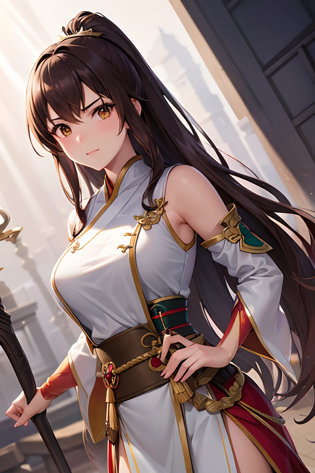 masterpiece, best quality, 1girl, brown hair, brown eyes, female swordmaster walking, dutch angle, cinematic, volumetric lighting, sunbeam, soft lighting, mystical, magical, rim lighting, fantasy, sparkle, glittering, ponytail hairstyle, hanfu, carrying sword on her hip, ancient china, white and yellow clothes, bird, cranes, long hair, thick eyebrow