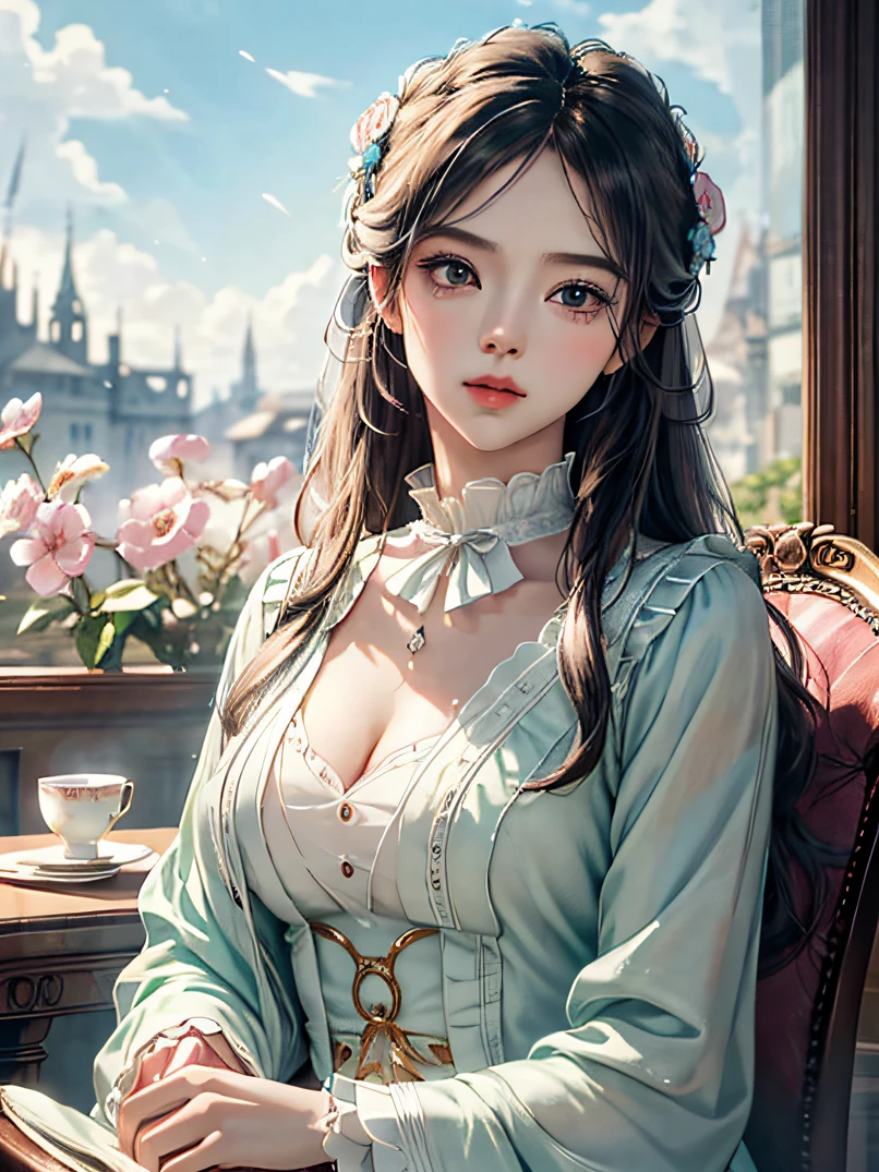 （top-quality、high detal、Realistic image、With intricate details、depth of fields、​masterpiece、High accuracy、Semi-real)、3/5 shots、1girl in、sit a chair、Look at viewers、beautifull hands、Detailed hand depiction、Luxurious Victorian-style teacups、Beautiful flowers around、brightly colorful、Detailed artwork、foco nítido、Dynamic and advanced senses、Complex and fluid linework、Light and airy composition、Ultra-realistic character design、Dramatic camera angles、Rich expressiveness、The composition is the golden ratio、Balanced composition、Optimal Production Cinematic Character Rendering、intricate artwork masterpieces