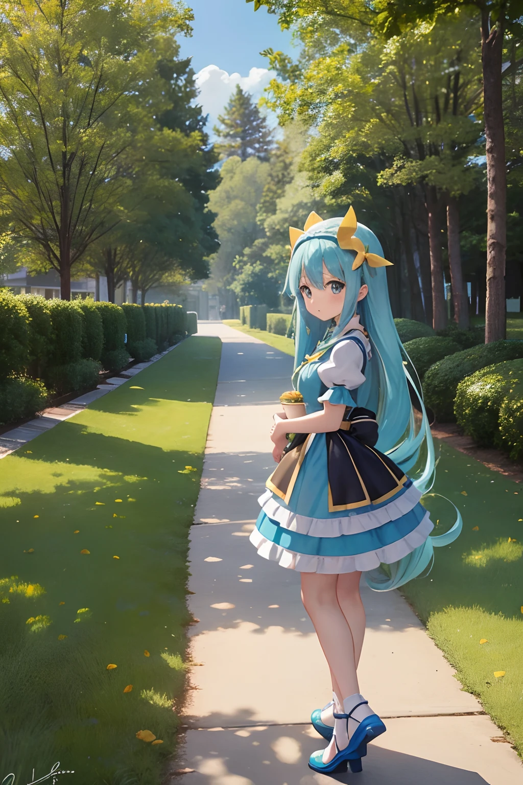 masterpiece, top-quality, Princess_aqua_Konosuba, Brown and yellow dresses, Black eyes, Light blue long hair、 standingn, (borgar: 1.1), clouds, A small path lined with yellow ginkgo trees、Near and far law、