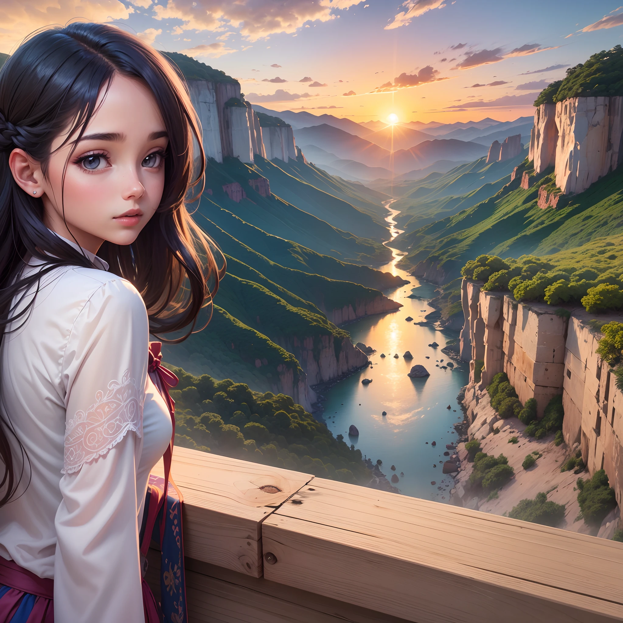 Illustration of a mystical girl, looking at sunset, romantic in a beautiful place, realista, alto  detalhes, Ultra resolution, 32k. --auto --s2