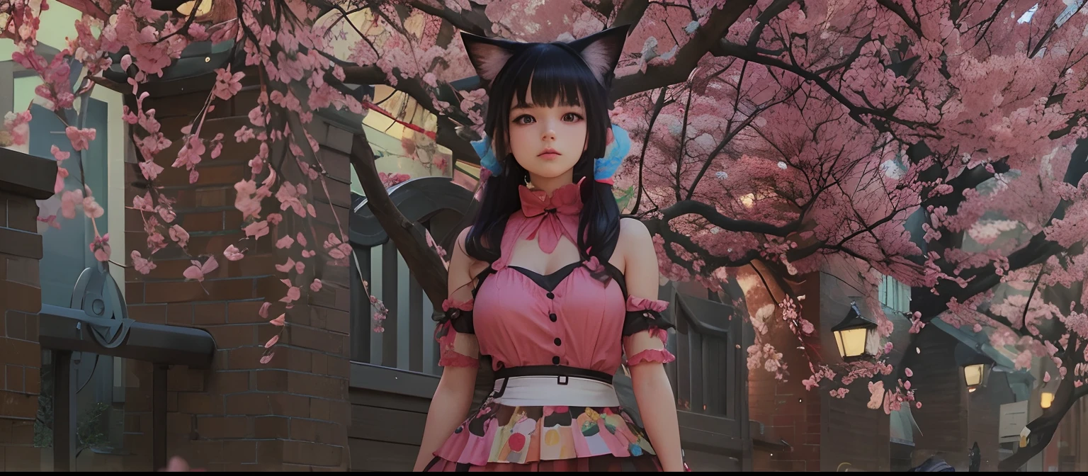 1.girl, nekomimi, twintaill, pink dress, black hair, realistic