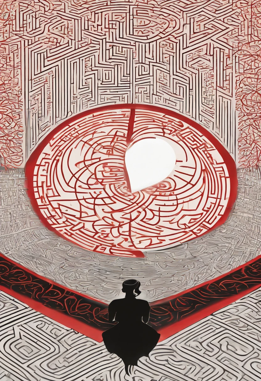 Title: The Labyrinth of Love

Description:

An image of a bright red heart, with a maze of black lines inside. The lines of the maze intertwine and branch out, forming a complex network. In the center of the maze, there is an open door, which represents the possibility of finding true love.

Details:

The heart is large and round, with a bright red outline.
The maze is made of thin black lines, which intertwine and branch out in a complex pattern.
The door is made of wood, with a black outline.
Interpretation:

The image represents love as a complex and challenging journey. The maze represents the fears and obstacles that can prevent love from blossoming. The open door represents the possibility of finding true love.

Additional Suggestions:

You could add a ray of light shining from the open door, representing hope and the possibility of finding true love.
You could add a shadow or silhouette of a human heart in the center of the maze, representing the potential of love.
You could add a symbol or icon of love in the maze, representing the power of love to overcome challenges.
I hope this prompt is helpful!