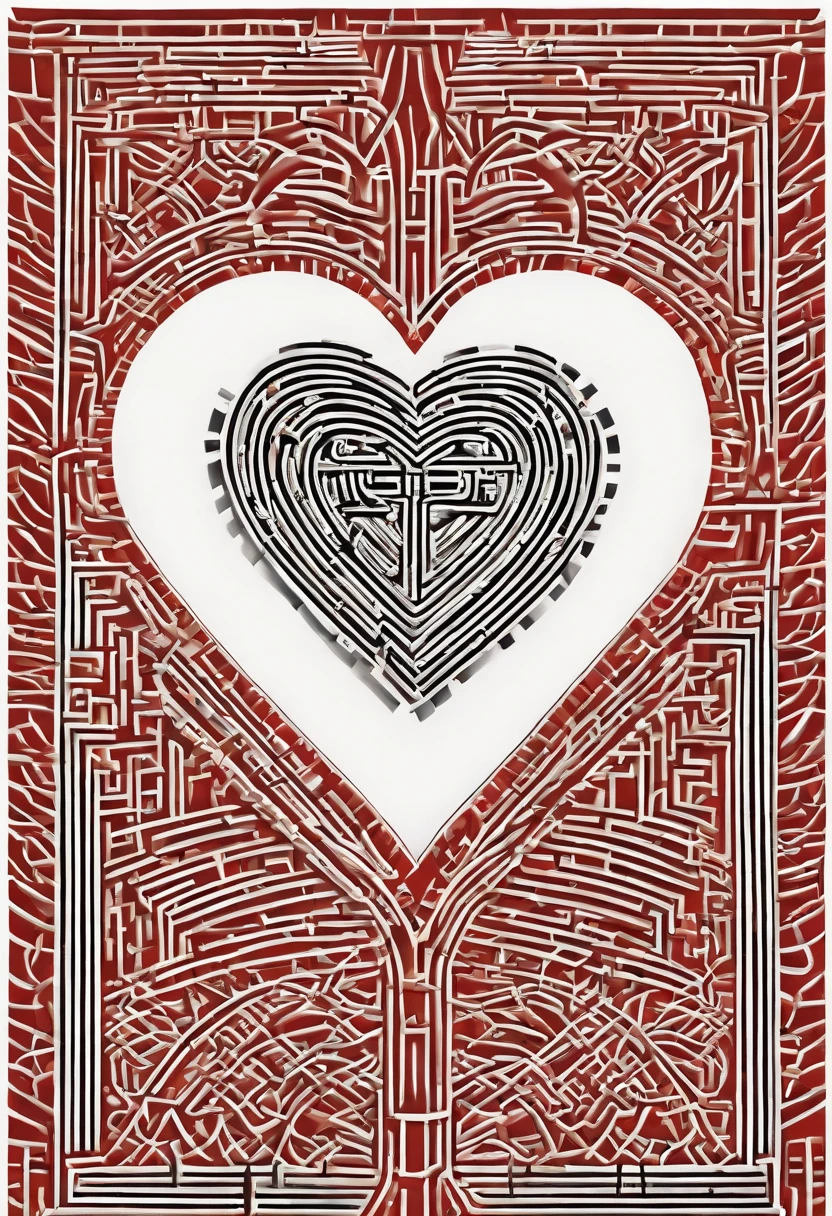Title: The Labyrinth of Love

Description:

An image of a bright red heart, with a maze of black lines inside. The lines of the maze intertwine and branch out, forming a complex network. In the center of the maze, there is an open door, which represents the possibility of finding true love.

Details:

The heart is large and round, with a bright red outline.
The maze is made of thin black lines, which intertwine and branch out in a complex pattern.
The door is made of wood, with a black outline.
Interpretation:

The image represents love as a complex and challenging journey. The maze represents the fears and obstacles that can prevent love from blossoming. The open door represents the possibility of finding true love.

Additional Suggestions:

You could add a ray of light shining from the open door, representing hope and the possibility of finding true love.
You could add a shadow or silhouette of a human heart in the center of the maze, representing the potential of love.
You could add a symbol or icon of love in the maze, representing the power of love to overcome challenges.
I hope this prompt is helpful!