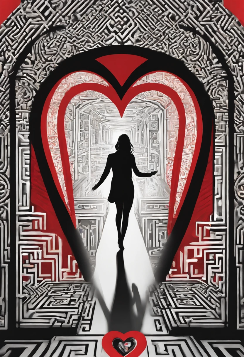 Title: The Labyrinth of Love

Description:

An image of a bright red heart, with a maze of black lines inside. The lines of the maze intertwine and branch out, forming a complex network. In the center of the maze, there is an open door, which represents the possibility of finding true love.

Details:

The heart is large and round, with a bright red outline.
The maze is made of thin black lines, which intertwine and branch out in a complex pattern.
The door is made of wood, with a black outline.
Interpretation:

The image represents love as a complex and challenging journey. The maze represents the fears and obstacles that can prevent love from blossoming. The open door represents the possibility of finding true love.

Additional Suggestions:

You could add a ray of light shining from the open door, representing hope and the possibility of finding true love.
You could add a shadow or silhouette of a human heart in the center of the maze, representing the potential of love.
You could add a symbol or icon of love in the maze, representing the power of love to overcome challenges.
I hope this prompt is helpful!