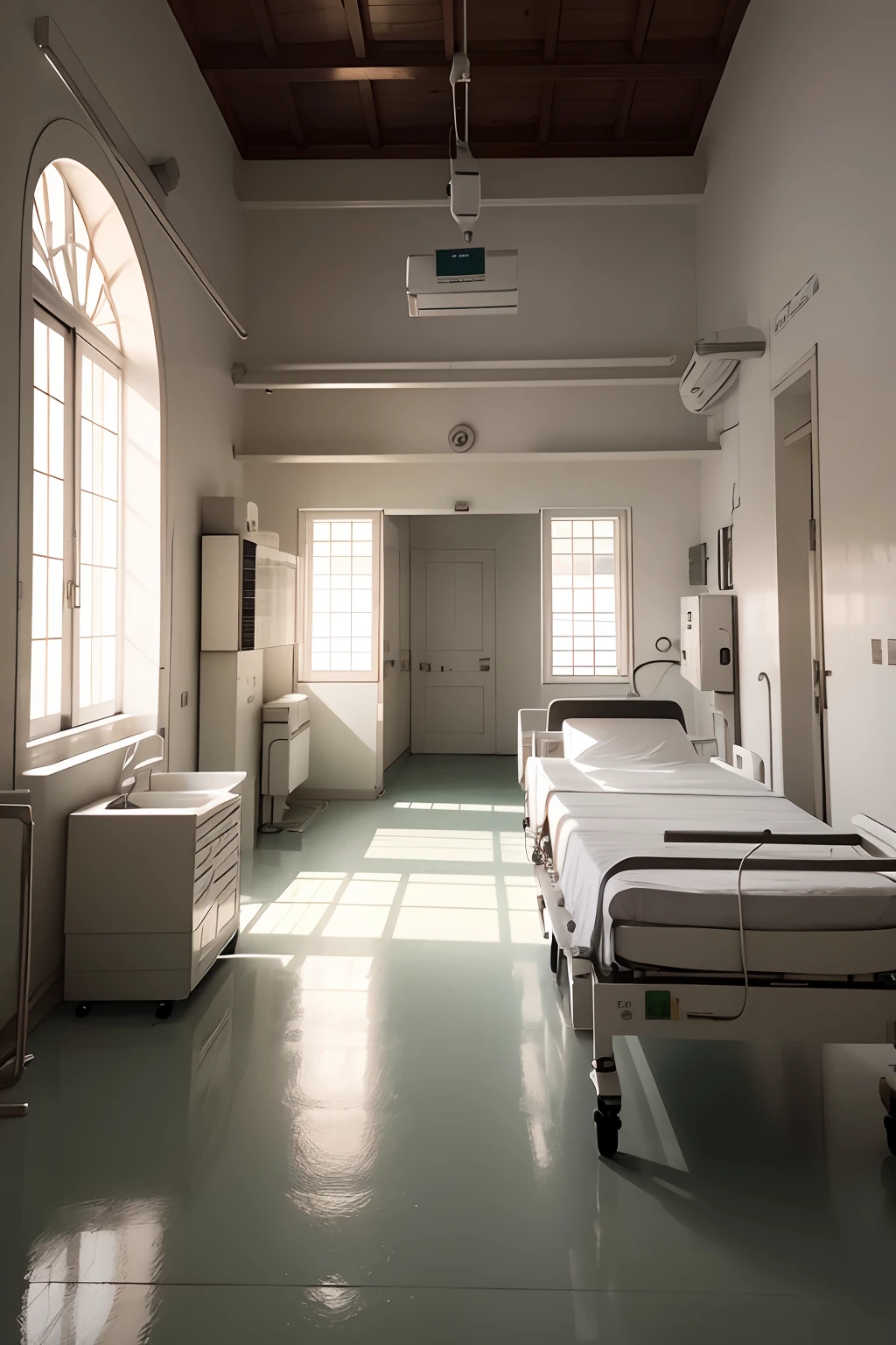 Hospital not covered, Medium-sized operating room completely white and clean, with an operating table, uma maca para o paciente, Ambiente fechado, 4k, hospital antigo meio acabado, ano 1900, Ancient times, sem janelas