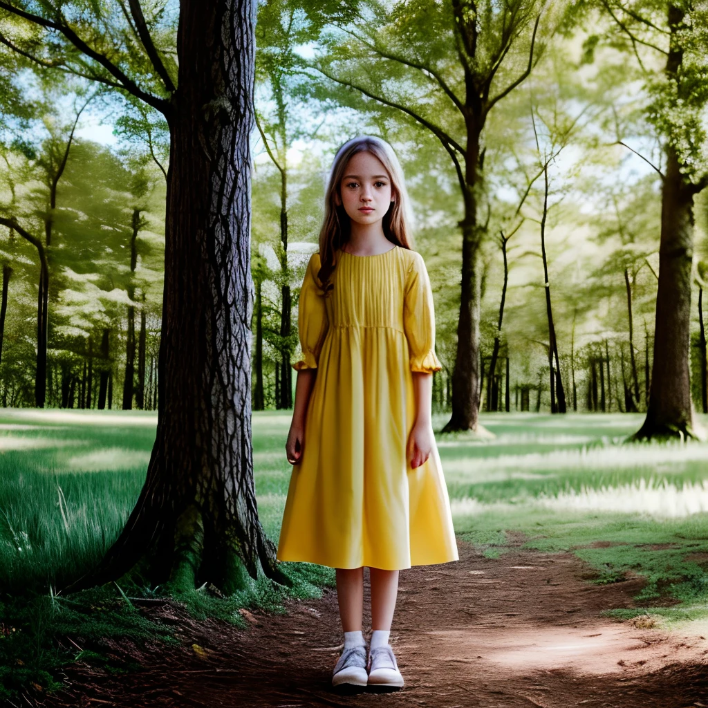 (uma menina de 2 anos),(standing on the grass, among the trees),(em uma clareira florestal),(arte digital detalhada),(Beautiful),(Realistic),(Humanizado). Olhos brilhantes, cabelos escuros, usando um vestido amarelo bordado de folhas verdes. The environment is sunny