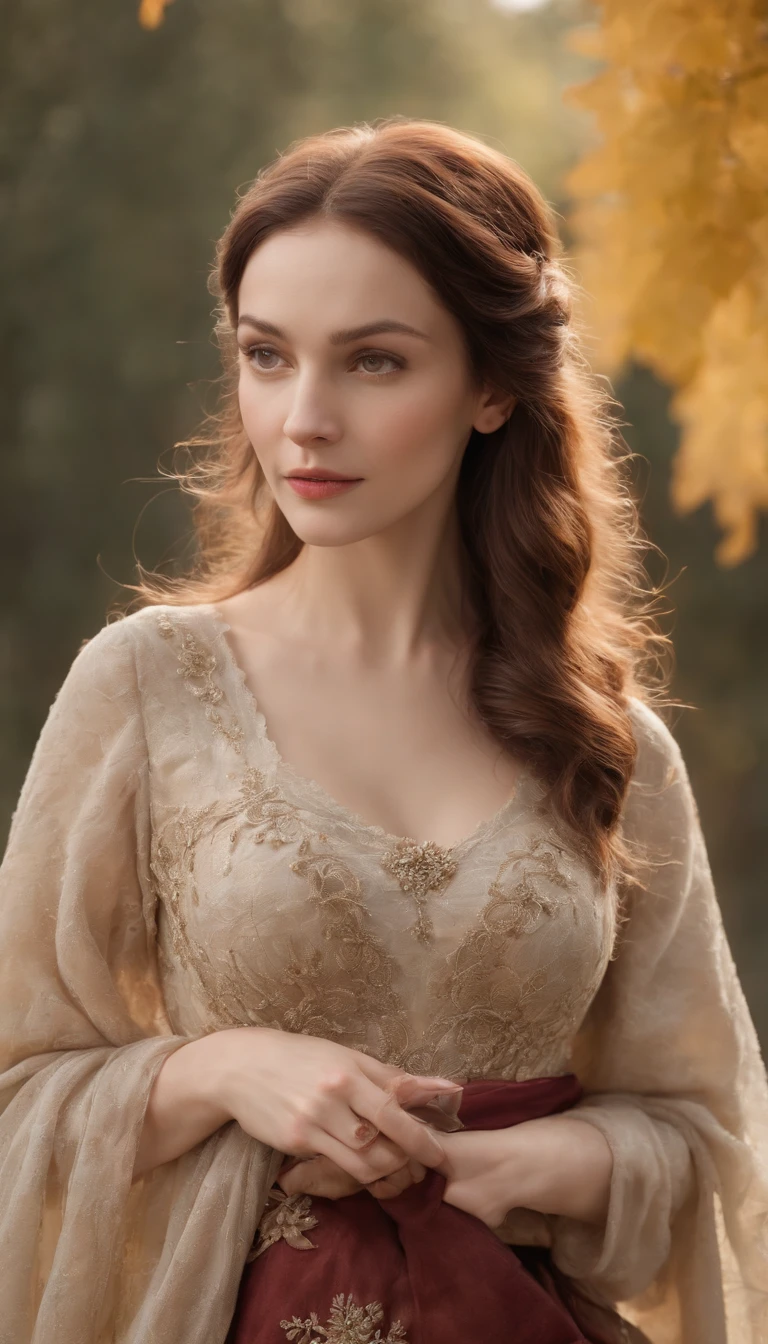(realistic oil art, image up to the waist, 40-year-old woman, brown hair, long wavy hair), medieval clothing, rich dress, medieval dress, red-and-white dress, critical camera, blurred background, warm light, more details in clothing, strong leftovers, normal pose, lady