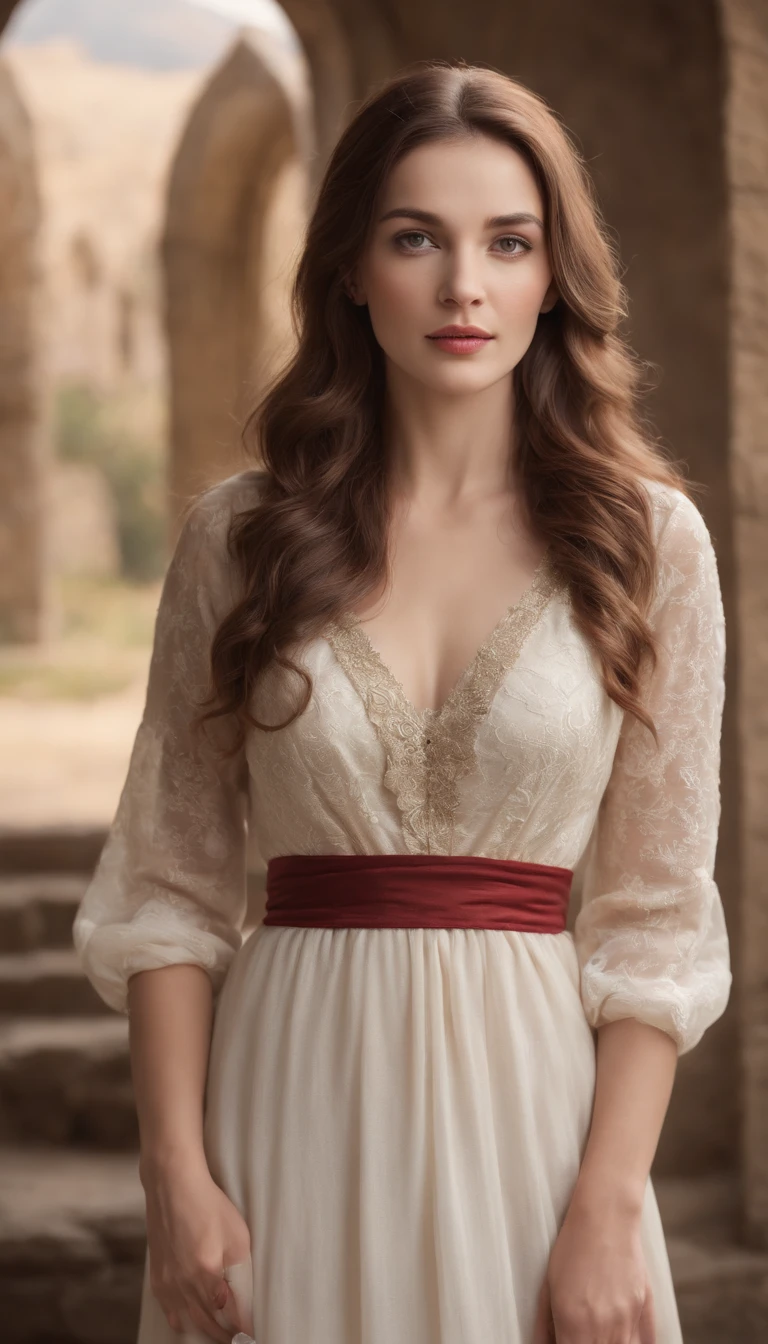 (realistic oil art, image up to the waist, 40-year-old woman, brown hair, long wavy hair), medieval clothing, rich dress, medieval dress, red-and-white dress, critical camera, blurred background, warm light, more details in clothing, strong leftovers, normal pose, lady