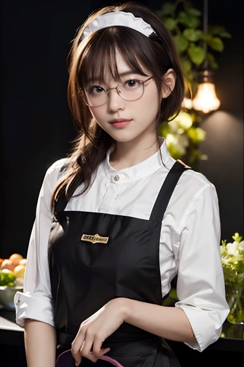 (8K、Raw photography、top-quality、masterpiece:1.2)、(realisitic、Photorealsitic:1.37)、ultra-detailliert、超A high resolution、 1 人、29yo、see the beholder、beautifull detailed face、Smile、Constriction、(Slim waist) :1.3)、Beautiful detailed skin、Skin Texture、Floating hair、Hair bunched into one、(Apron:1.4)、Professional Lighting、Autumn afternoon、kitchin、(((Black square glasses )))、Whole human body、Black hair、((Shameful appearance))、