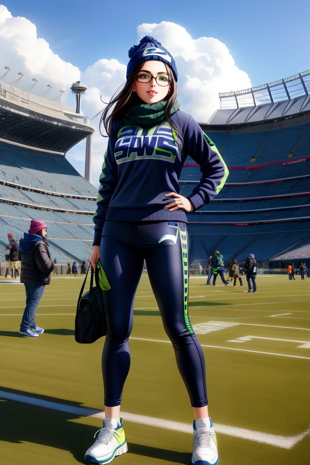 Seattle Seahawks girl, brunnette, dark rimmed glasses, full body, beanie, scarf