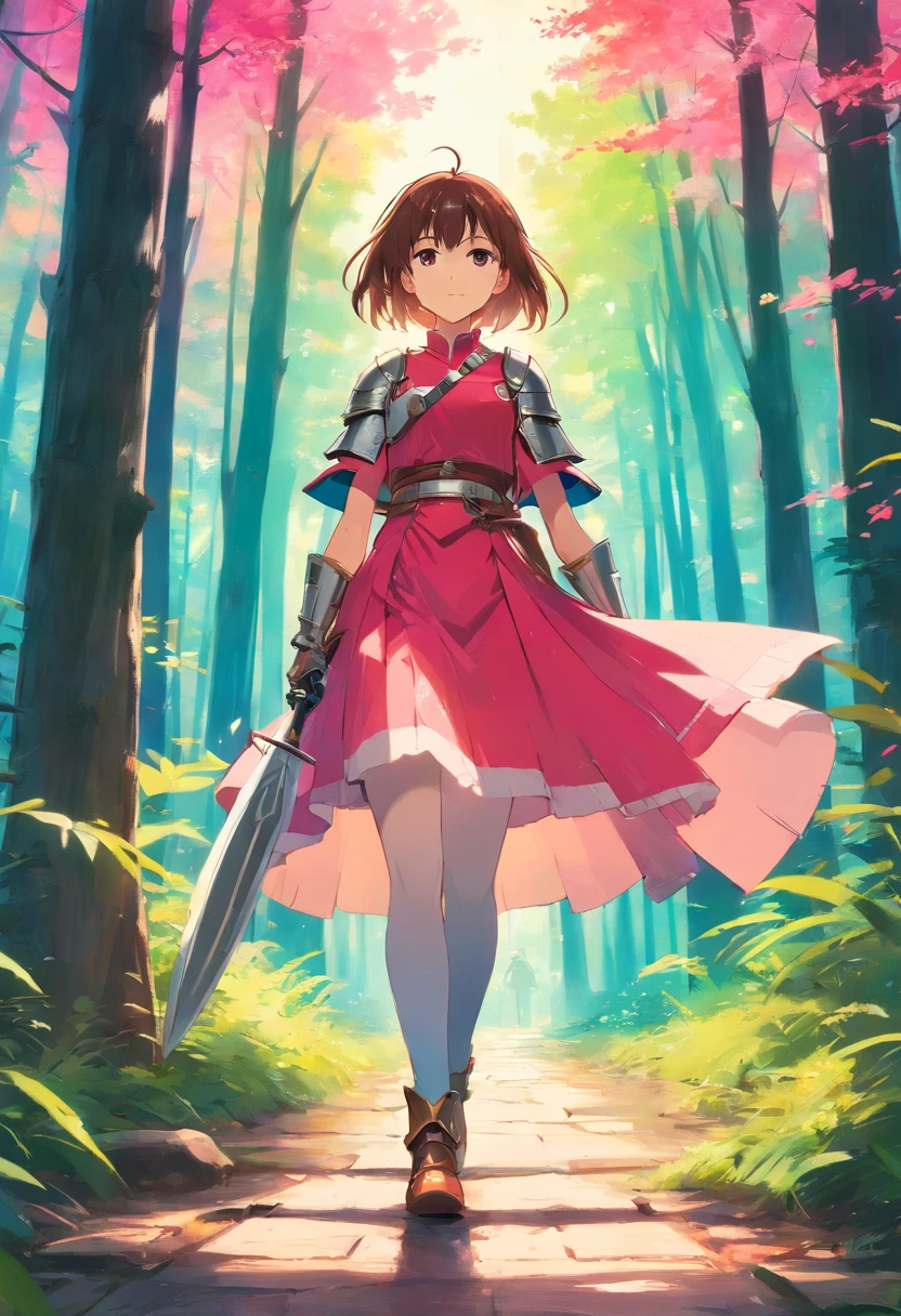 pallet knife and brush strokes, knight off in the distance of a forest, knight in shiny metal armor, pink and red color palette, studio lighting, ultra-fine painting, sharp focus, extreme detail description, professional, vivid colors, bokeh, landscape, no close ups of knight, golden ratio, acrylic palette knife,