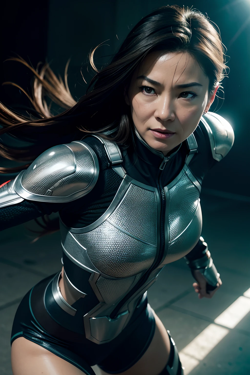 Michelle Yeoh as a superhero, energy pulse glowing from hands, full body, (dynamic pose), (hyper realistic:1.4), (realistic:1.3), (best quality real texture skin), full body, (Cinematic Light), highly detailed skin, skin pores, (highly detailed face:1.1), (highly detailed eyes:1.1), realistic pupils, (perfect anatomy:1.1), (perfect proportions:1.1), (photography:1.1), (photorealistic:1.1), volumetric lighting, dynamic lighting, real shadows, (highres:1.1), sharp focus, daylight, (realistic, hyperrealistic:1.4), intricate, high detail, dramatic, subsurface scattering, big depth of field, vivid, polished, sharpened, ((full Sharp)), (extremely absurdres),8k hdr