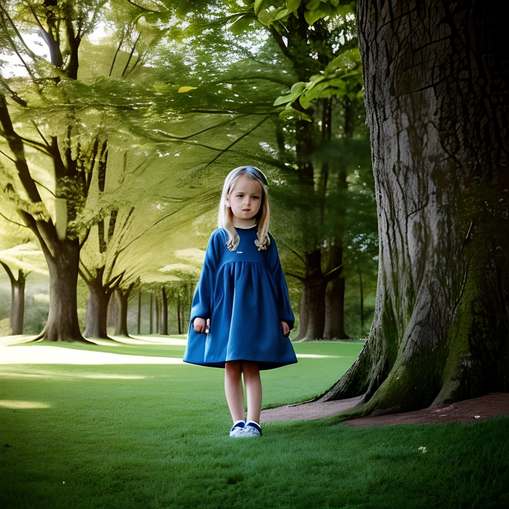 (uma ****** de 2 anos),(standing on the grass, among the trees),(em uma clareira florestal),(arte digital detalhada),(Beautiful),(Realistic),(Humanizado). Olhos brilhantes, cabelos escuros, usando um vestido amarelo bordado de folhas verdes. The environment is sunny