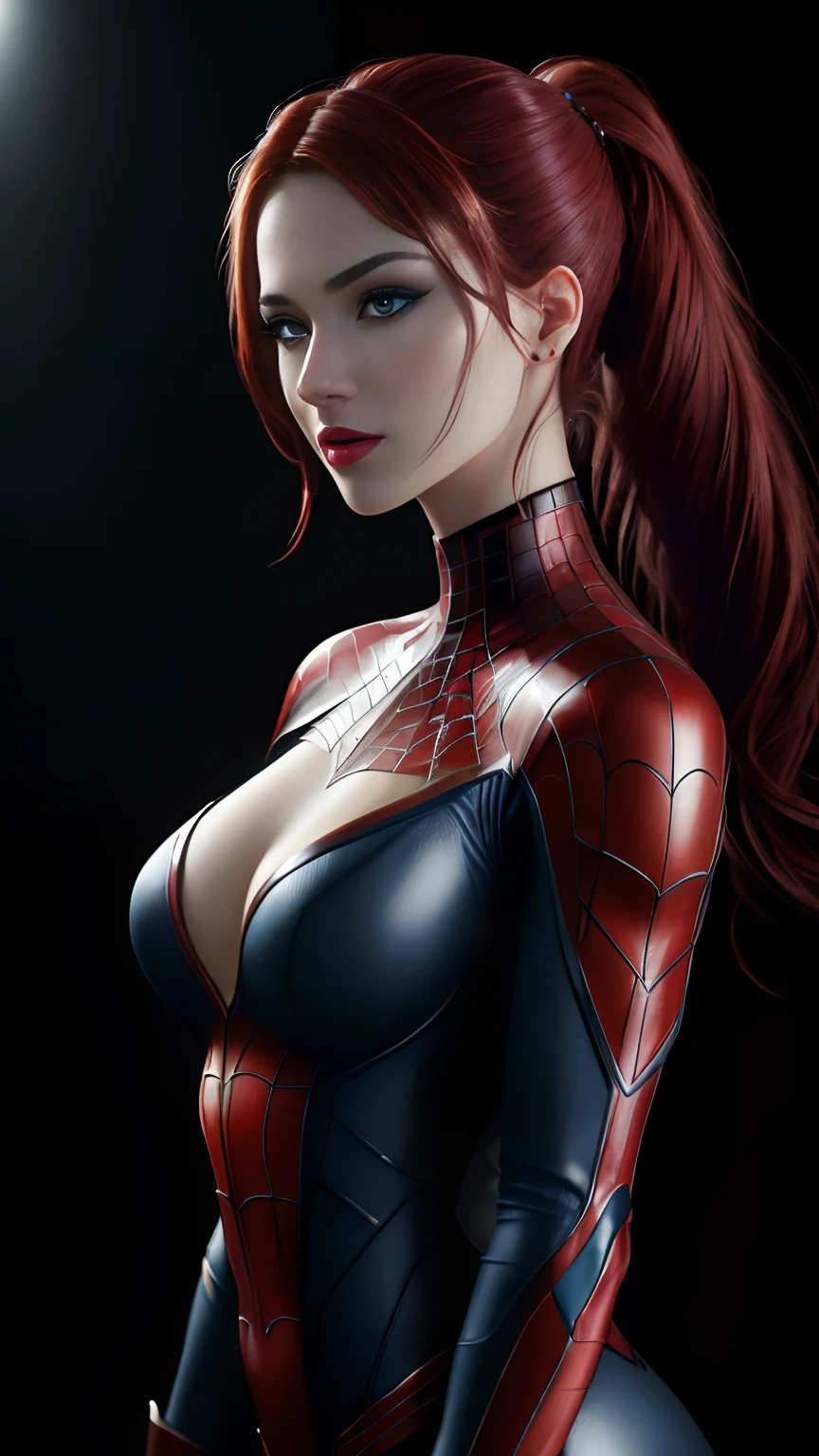 ((three-quarters of body shot)), ((high ponytail)), (RAW, analogue, Nikon Z 14mm ultra wide angle lens, award-winning glamor photography, ((best quality)), (masterpiece), ((realistic)), skin pores, subsurface scattering, light rays radiant, high resolution, detailed facial features, high detail, sharp focus, soft, aesthetic, extremely detailed (extremely detailed eyes, extremely detailed iris), extremely detailed hair, extremely detailed skin, extremely detailed clothing, octane rendering, photorealistic, realistic , post-processing, maximum detail, realistic shadows, roughness, natural skin texture, real life, ultra-realistic, photorealism, photography, 8k UHD, photography, hdr, intricate, elegant, highly detailed, sharp focus, stunning, beautiful, magnificent), detailed and Beautiful and realistic 24 year old girl like Marvel's Spiderman, (blue eyes), makeup, soft red painted lips, full body visible, (red hair), realistic skin, photorealistic, realistic and cinematic shot (wallpaper CG unity 8k extremely detailed), trending on ArtStation, trending on CGSociety, high detail, sharp focus, blur background, beautiful, full shot, high quality, (beautiful face), (detailed faceand eyes), detailed hands, beautiful hands