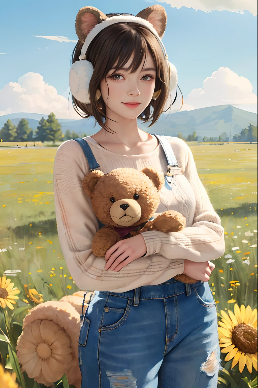 (Masterpiece:1.5, Best quality:1.5), Realistic, (Ultra photo realsisim:1.5), (photograph realistic:1.5), (Real picture, Intricate details), view the viewer, (8K wallpaper:1.5) (From knee to head:1.15), (Detailed face:1.5), (Detailed eyes:1.5), (clear photo),Highly detailed, Ultra-detailed, 超高分辨率, (strong depth of field:1.5)
Style - cute and playful
Positioning - Open field
Background - blue sky and white clouds
Theme - Little girl with pink knitwear and animal earmuffs, Holding a teddy bear
View—Front view
Appearance - short hair, Bright eyes, Ruddy cheeks
Clothing - pink knitted sweater, jeans overalls, White sneakers, Animal earmuffs
Posture - Stand with a big smile, Hug the teddy bear
Details - wildflowers and tall grass in the background, Butterflies and birds flying around
Effect - warm sunlight shines on the girl, Cast a soft glow
Description - A cute and innocent girl enjoying her time in an empty field, Surrounded by the beauty of nature. She wears a pink knitted sweater, jeans overalls, Wear animal earmuffs when hugging teddy bears. The warm sun shines on her,wildflowers gently swaying in the breeze. Butterflies and birds flew around her, adding to the playful atmosphere.