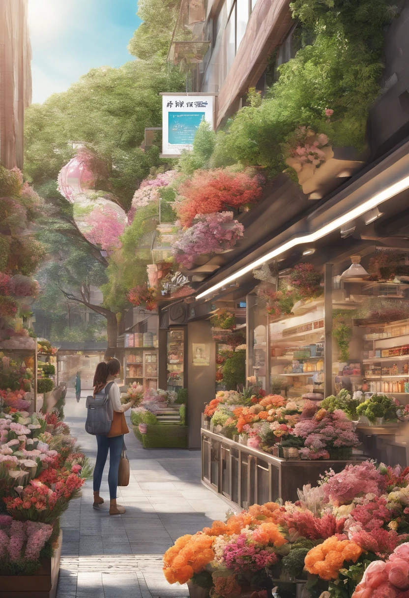Florist in the city,The interior of the store is simple、Covered with colorful flowers、Large expanses of tree-lined plants,A girl takes care of a bouquet of flowers in a store