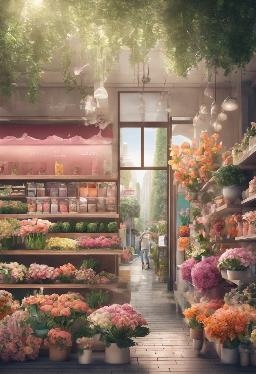 Florist in the city,The interior of the store is simple、Covered with colorful flowers、Large expanses of tree-lined plants,A girl takes care of a bouquet of flowers in a store