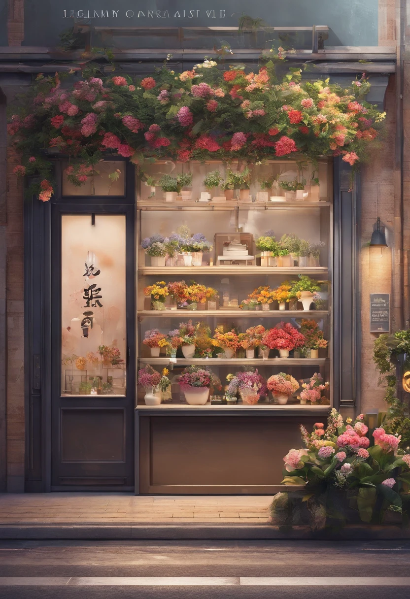 Florist in the city,The interior of the store is simple、Covered with colorful flowers、Large expanses of tree-lined plants,A girl takes care of a bouquet of flowers in a store