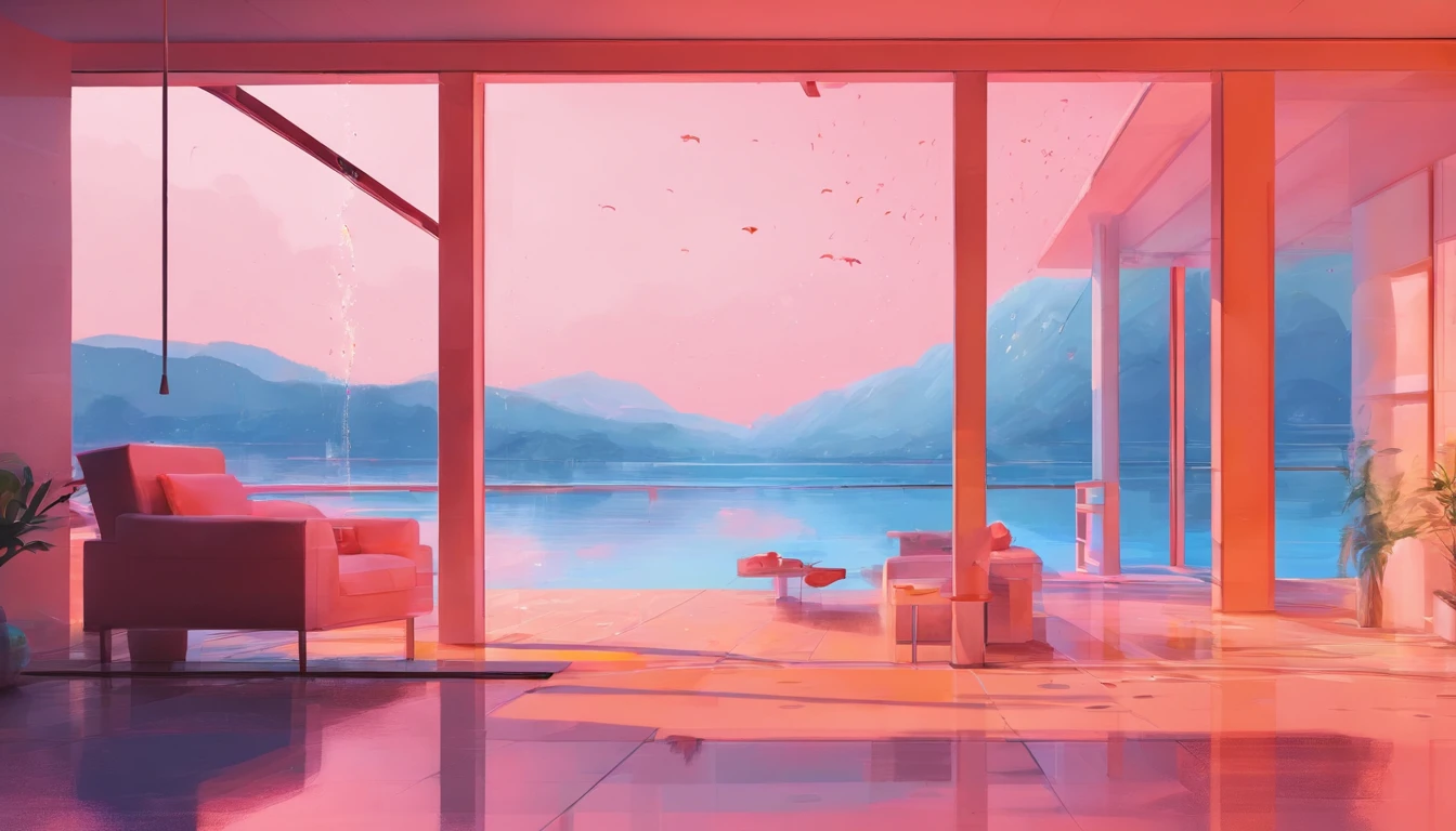 horizon ,peach flower rain, fire painting,transparent blue lake,pink coral,extra-wide vision,best quality,official art, yellow vignette