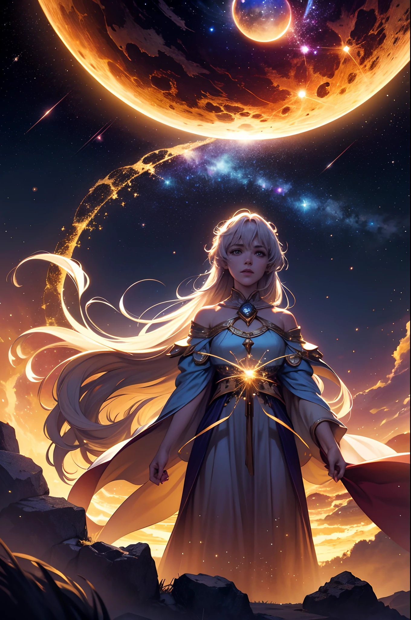 "A cosmic being" Landscape of the world and in the sky a series of constellations and magical entities, magia, estrelas, fora, Eclipse, Light in the center coming from a burst of light, mar com ondas e entardecer, magnificent gorgeous dramatic scene, 8k, magnifica