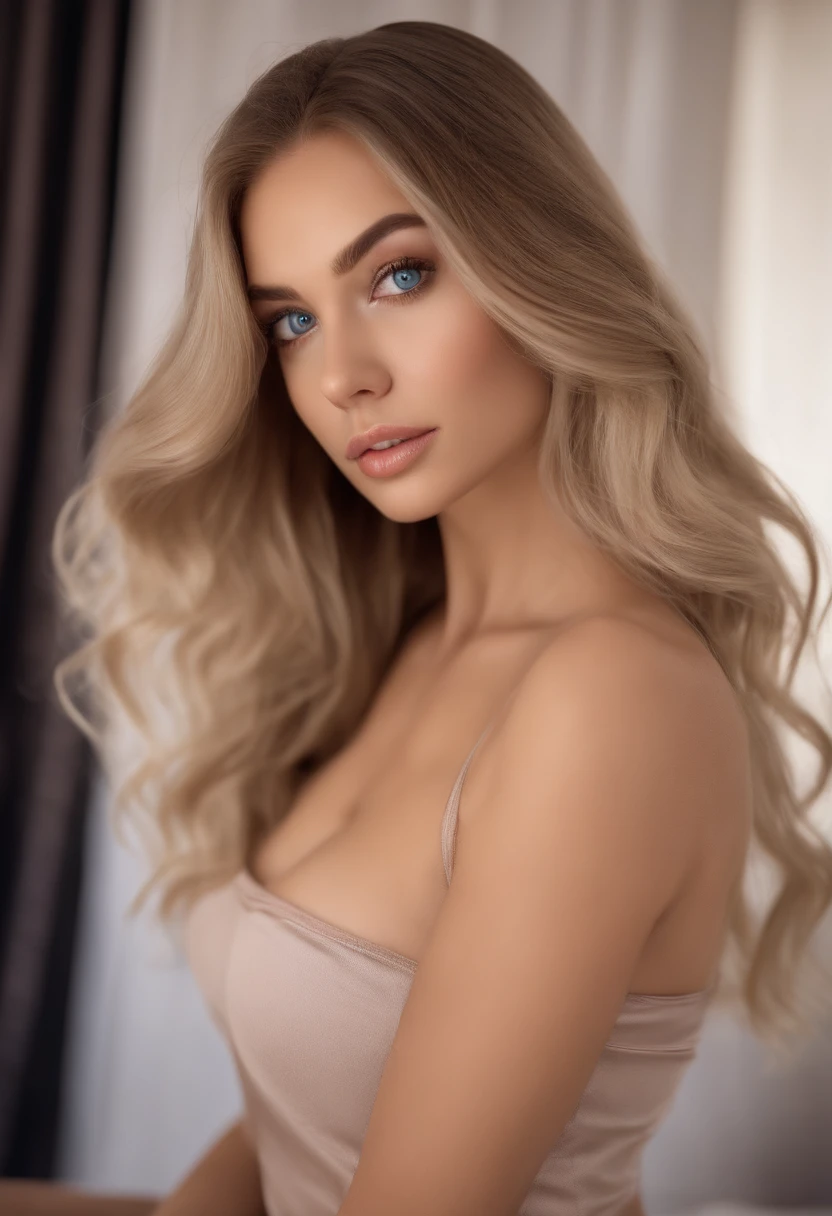 blonde woman , fille sexy aux yeux bleux, ultra realist, Meticulously detailed, Portrait Sophie Mudd, cheveux bruns et grands yeux, selfie of a young woman, Dubai Eyes, Violet Myers, sans maquillage, maquillage naturel, looking straight at camera, Visage avec Artgram, Maquillage subtil, Great photo of the whole body kneeling on the bed, dans la chambre, Medium to large bust