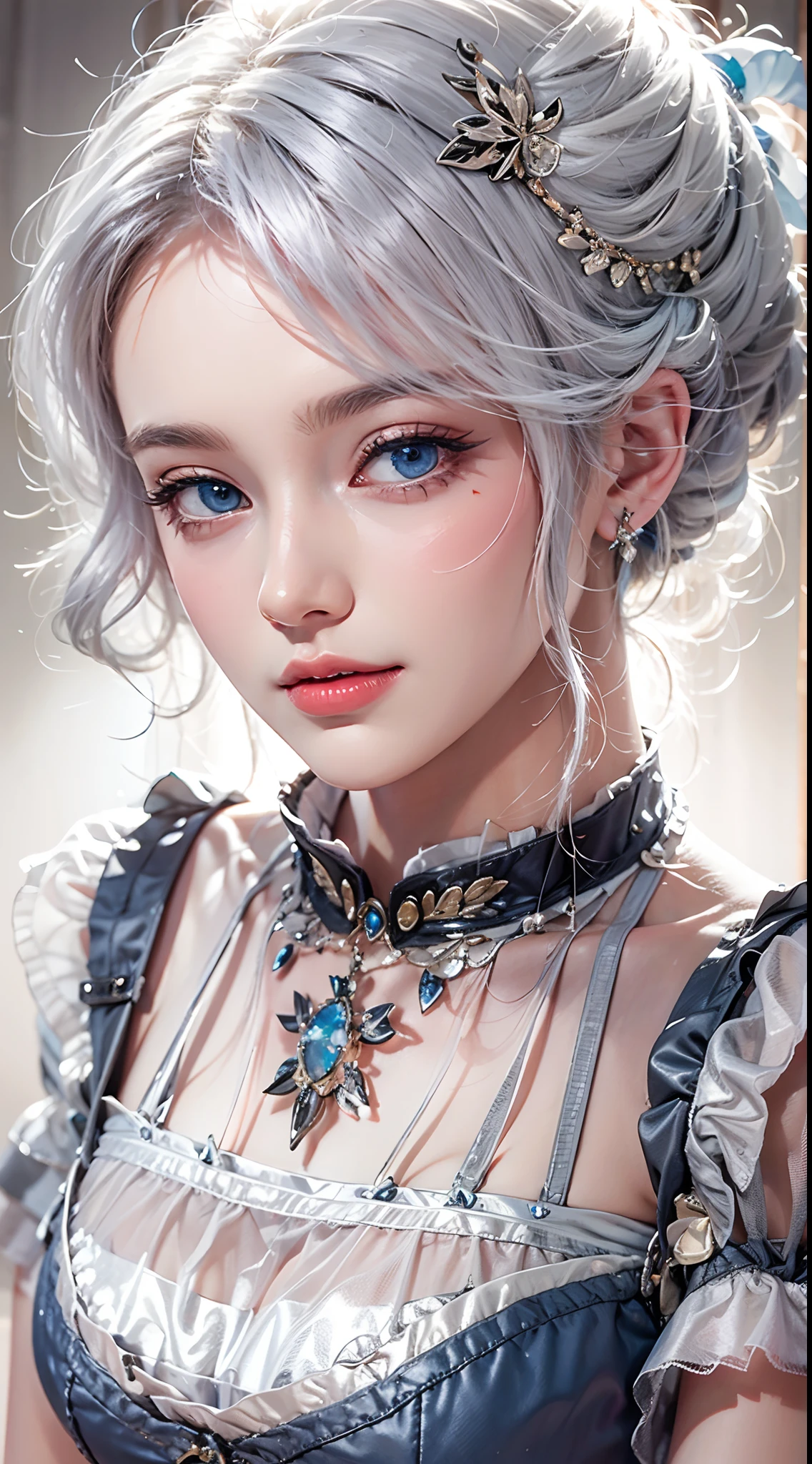 photorealistic, masterpiece, high resolution, soft light, mature female, silver hair, blue eyes, hips up, maid costume, jewelry, tattoo