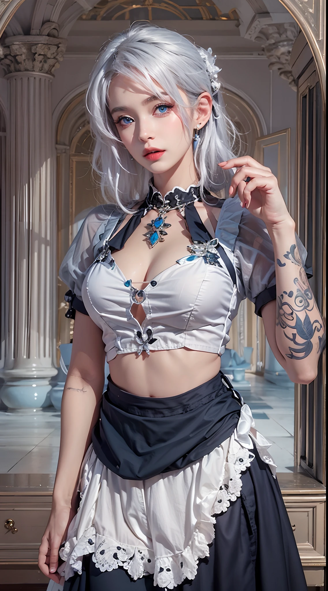 photorealistic, masterpiece, high resolution, soft light, mature female, silver hair, blue eyes, hips up, maid costume, jewelry, tattoo