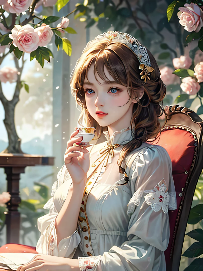 （top-quality、high detal、Realistic image、With intricate details、depth of fields、​masterpiece、High accuracy、Semi-real)、3/5 shots、1girl in、sit a chair、Look at viewers、beautifull hands、Detailed hand depiction、Next to the European Shorthair Red Cat、Luxurious Victorian-style teacups、Beautiful flowers around、brightly colorful、Detailed artwork、foco nítido、Dynamic and advanced senses、Complex and fluid linework、Light and airy composition、Ultra-realistic character design、Dramatic camera angles、Rich expressiveness、The composition is the golden ratio、Balanced composition、Optimal Production Cinematic Character Rendering、intricate artwork masterpieces