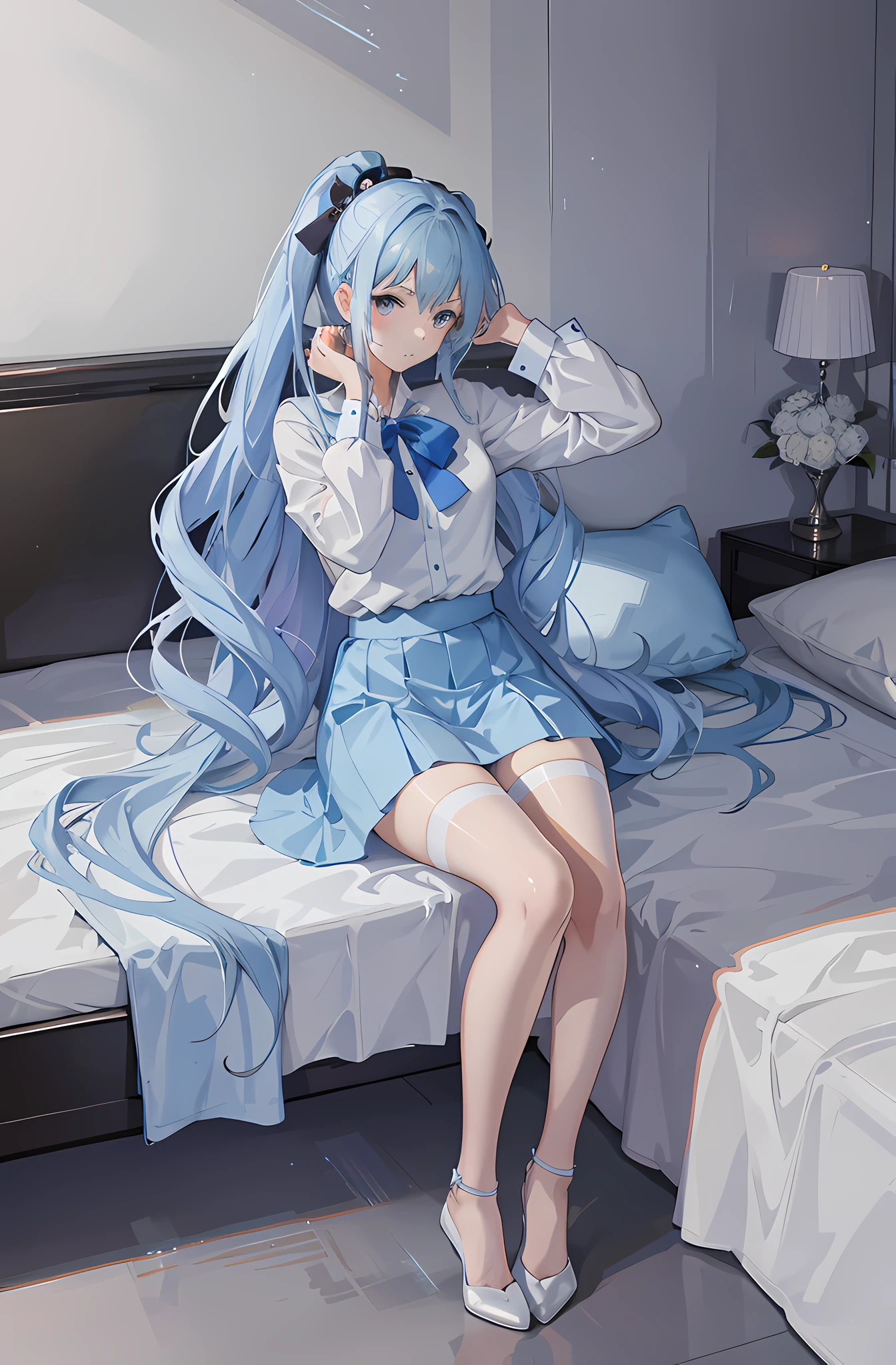 Imagin de cuerpo completo de una chica anime con cabello corto de color azul claro con una cola de Serpiente, recostada en una cama usando solo ropa interior y una mirada tierna y relajada