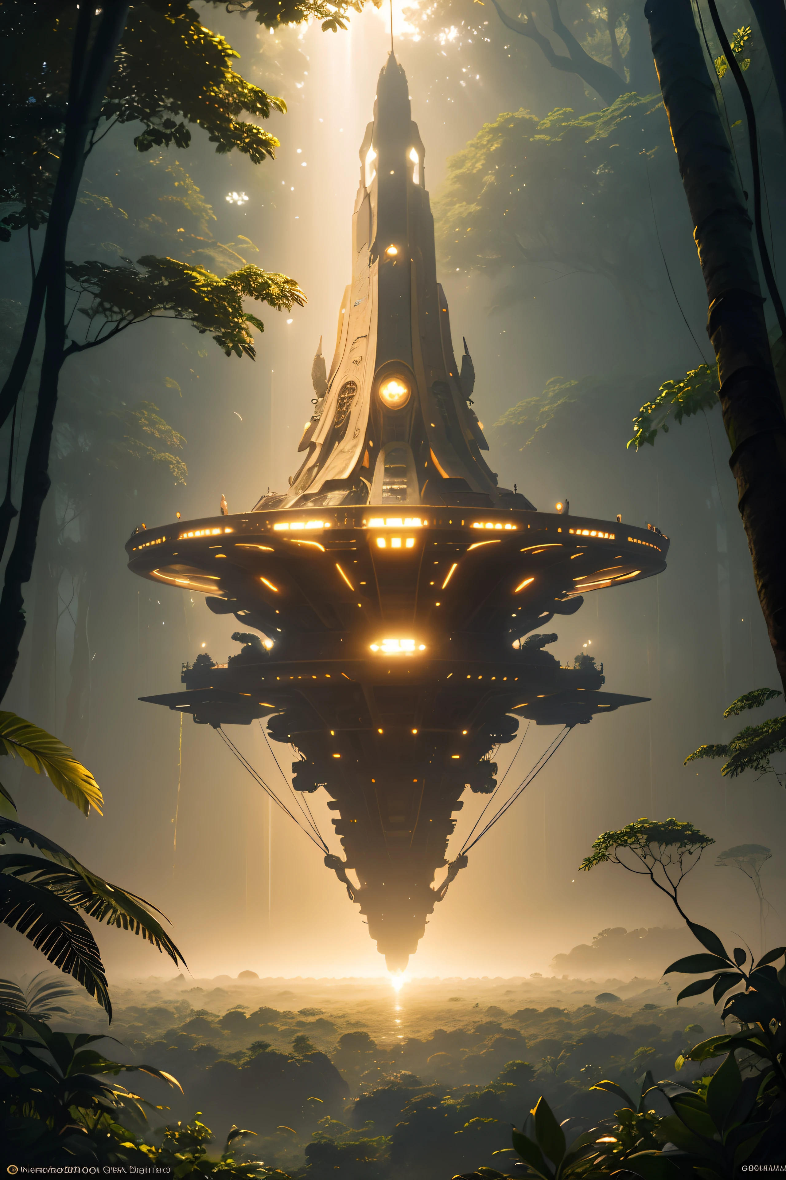 A Photograph of the Amazon rainforest at dawn, drenched in soft golden rays, unveiling intricate textures & patterns. A mysterious spaceship emerges, harmonizing nature's realism with futuristic enchantment. (Realistic & detailed, ethereal light, intricate textures, mysterious spaceship)