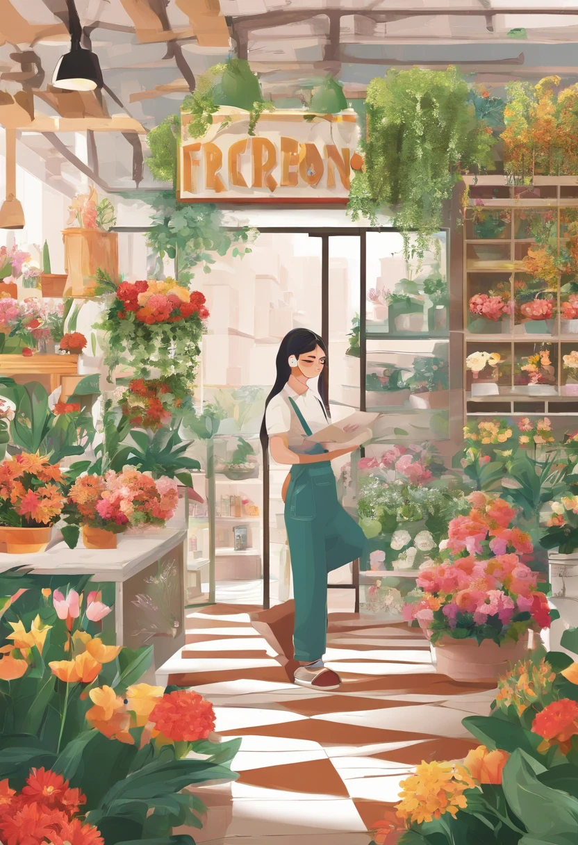 Florist in the city,The interior of the store is simple、Covered with colorful flowers、Large expanses of tree-lined plants,A girl takes care of plants in a store