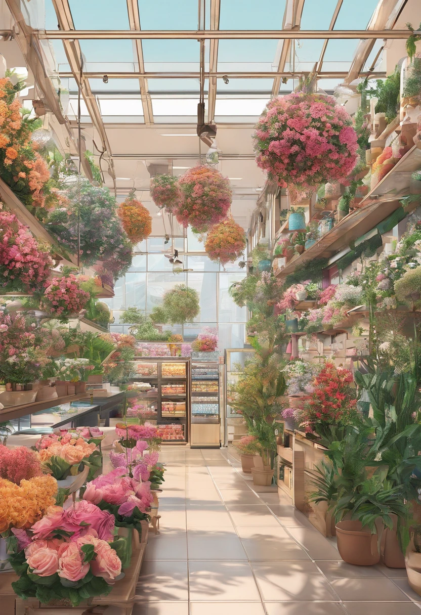 Florist in the city,The interior of the store is simple、Covered with colorful flowers、Large expanses of tree-lined plants,A girl takes care of plants in a store