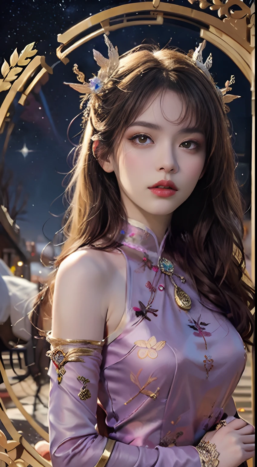 1 27-year-old girl, 1 zodiac goddess from the future, goddess of the pink and purple 12 zodiacs, the goddess of the zodiac in a yellow ao dai, a 12 zodiac ao dai with many black lace detail, mythology Goddess of the 12 zodiacs from the future, zodiac ♏, luxurious glittering zodiac style, dark and mysterious version, zodiac crown, lipstick lips red, thin and beautiful lips, mouth closed, characters made by karol bak and pino daeni, intricate detail, detailed background, extremely detailed, light magic, a woman, clear face, hair long with bangs, beautiful face in detail and well-proportioned eyes, (transparent yellow eyes: 1.8), big round eyes and very beautiful and detailed makeup, foresight, silk dress, mysterious makeup , double bangs and dyed light blonde , upper half portrait, zodiac goddess portrait, arms hanging loosely, Realistic and vivid photo, (stars make up the zodiac: 1.7), (sky background zodiac and fictitious space and time portal: 1.8), fiction art, RAW photo, hanfu picture, best photo, best photo quality, 8k quality, 8k ultra, super realistic, real photo most economical, the goddess poses sexy and seductive,