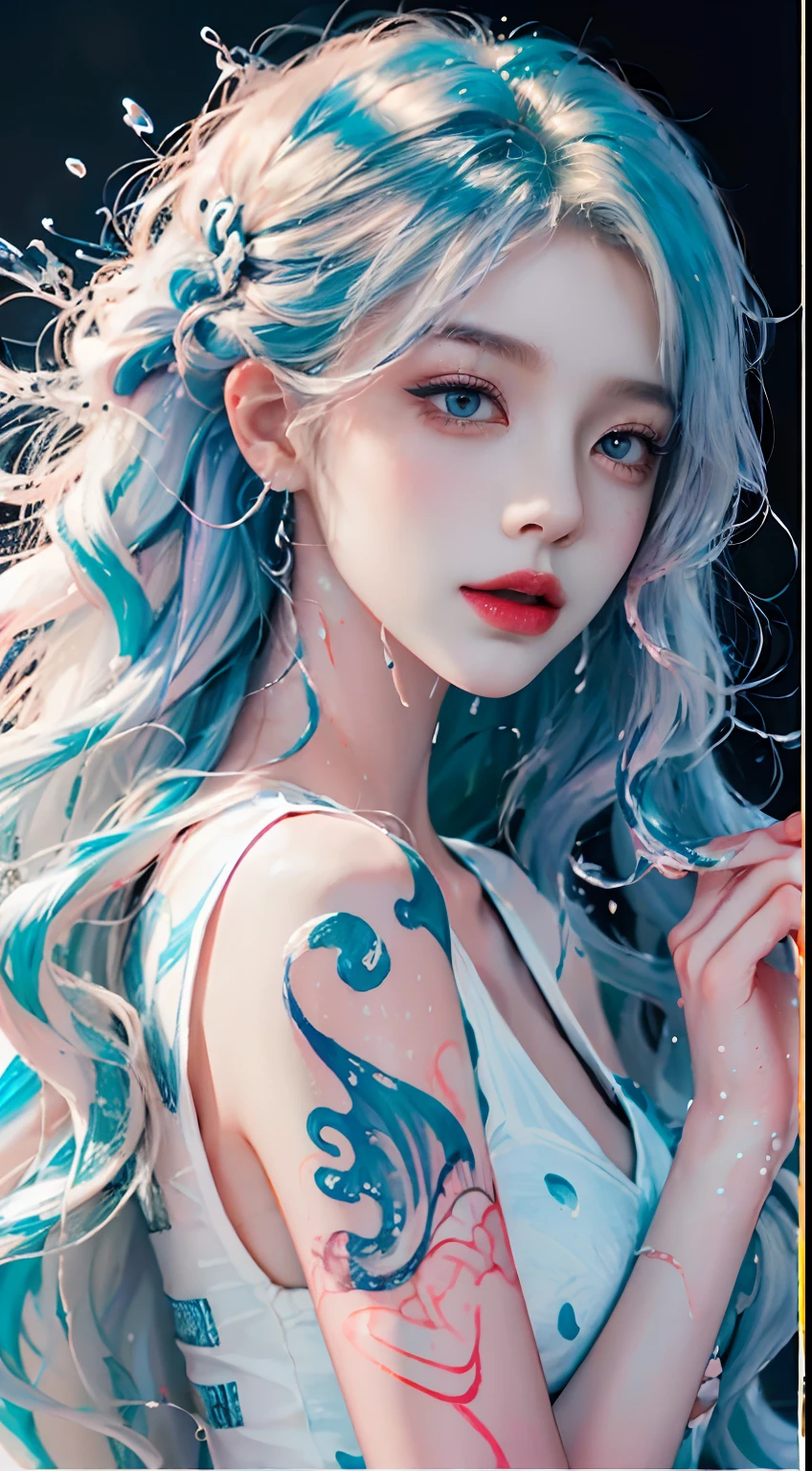(Masterpiece, Best Quality, High Resolution), White Background, Acrylic Paint, ((Color Splash, Splash of Ink, Color Splash)), Sweet Chinese Girl, Long Light Blue Hair, [Light Blue|Pink] Hair, Curly Hair, Glitter, Peach Lips, White Shirt, Front, Upper Body