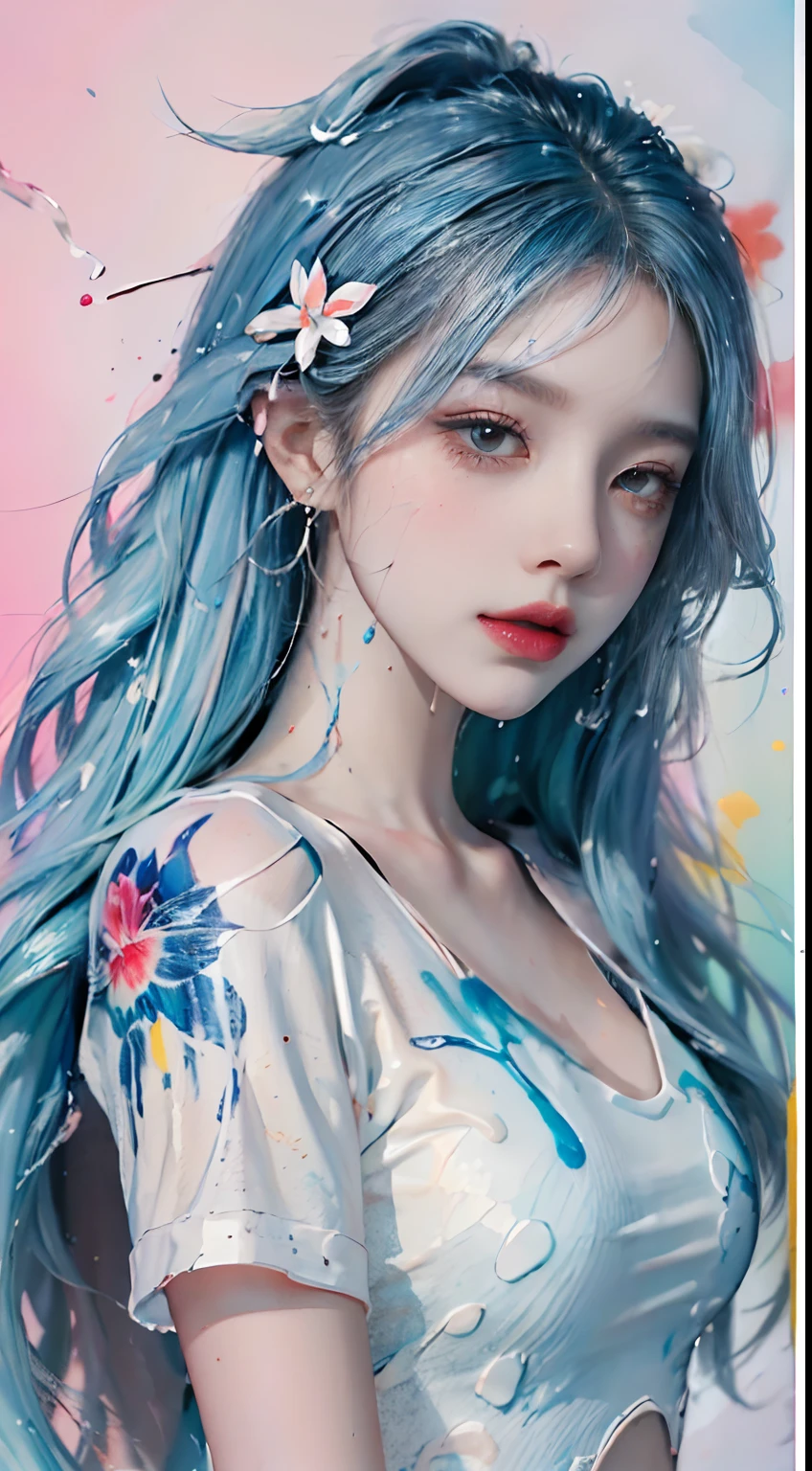 (Masterpiece, Best Quality, High Resolution), White Background, Acrylic Paint, ((Color Splash, Splash of Ink, Color Splash)), Sweet Chinese Girl, Long Light Blue Hair, [Light Blue|Pink] Hair, Curly Hair, Glitter, Peach Lips, White Shirt, Front, Upper Body