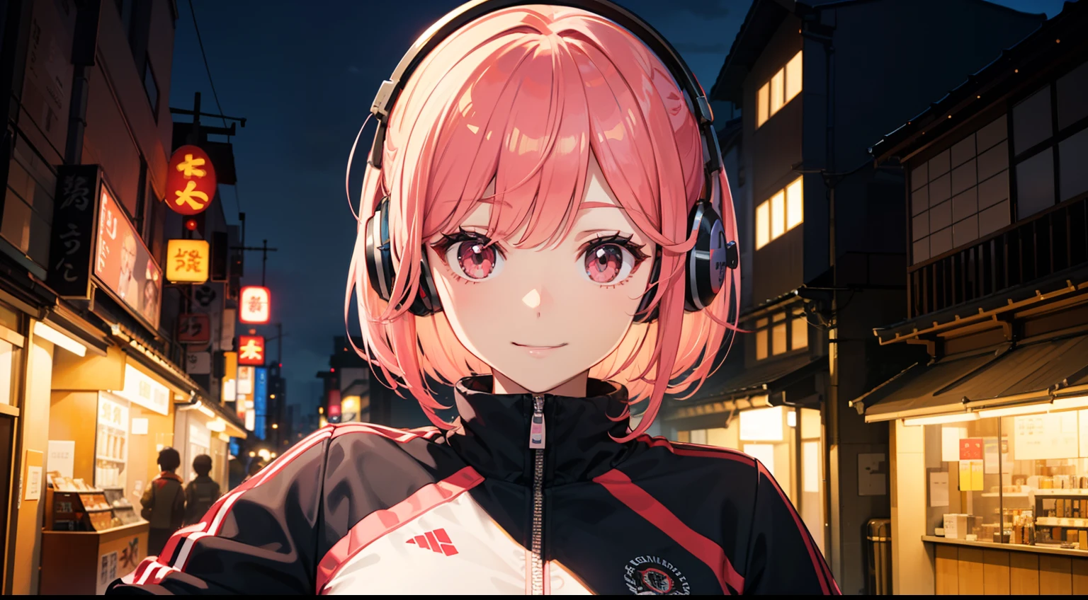 Red LED Female Illustration Profile,Baseball jacket,Hairstyle Short Bob,Pink hair,Wear overhead headphones, A smile、front-facing view, Background of Japan in Tokyo, natta,night scene,Provector, high detailing, Vibrant, Japan hologram symbol, Barcode Design, 4K, nffsw, masutepiece