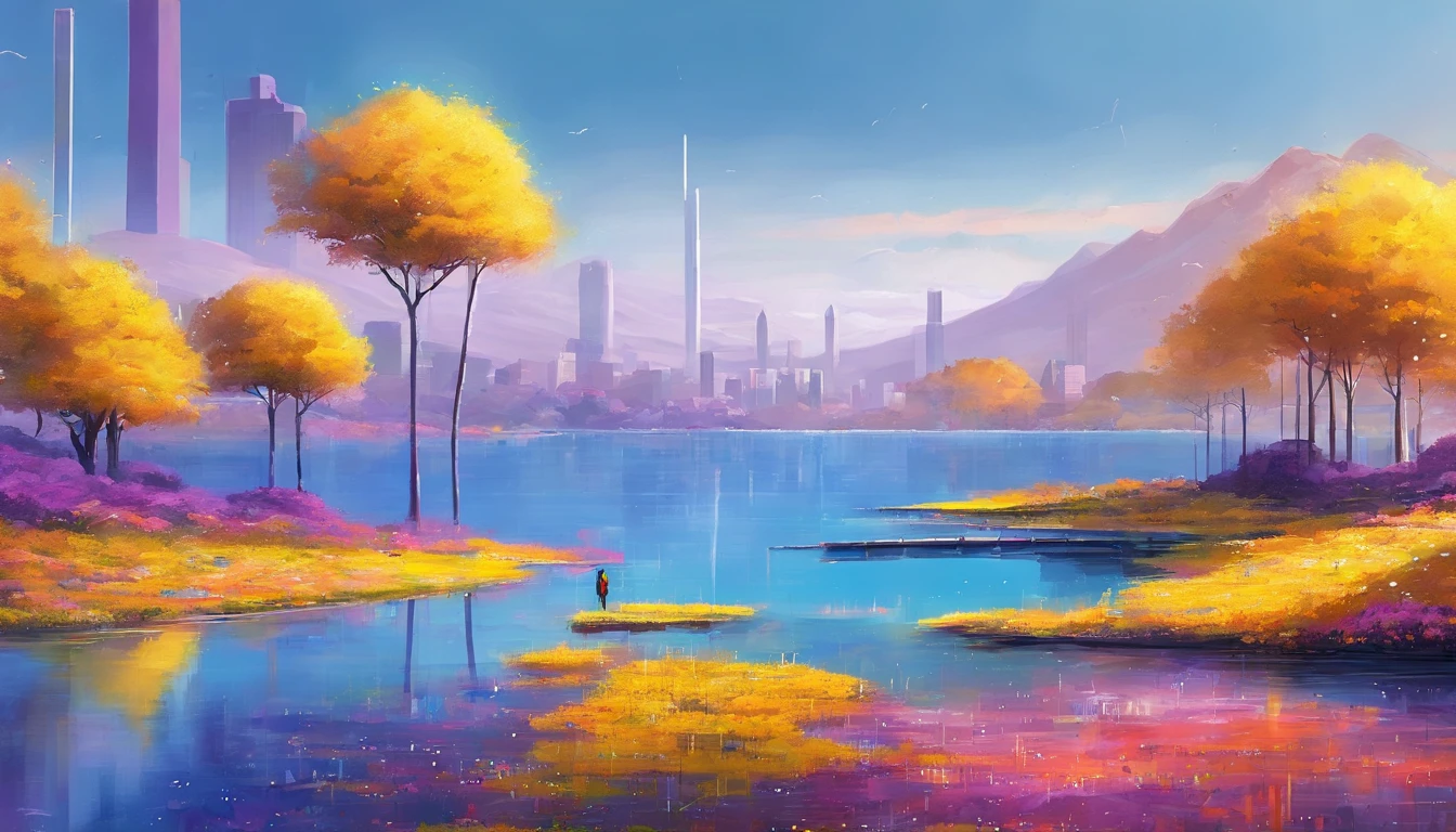 horizon ,yellow flower rain, fire painting,transparent blue lake,purple coral,extra-wide vision,best quality,official art