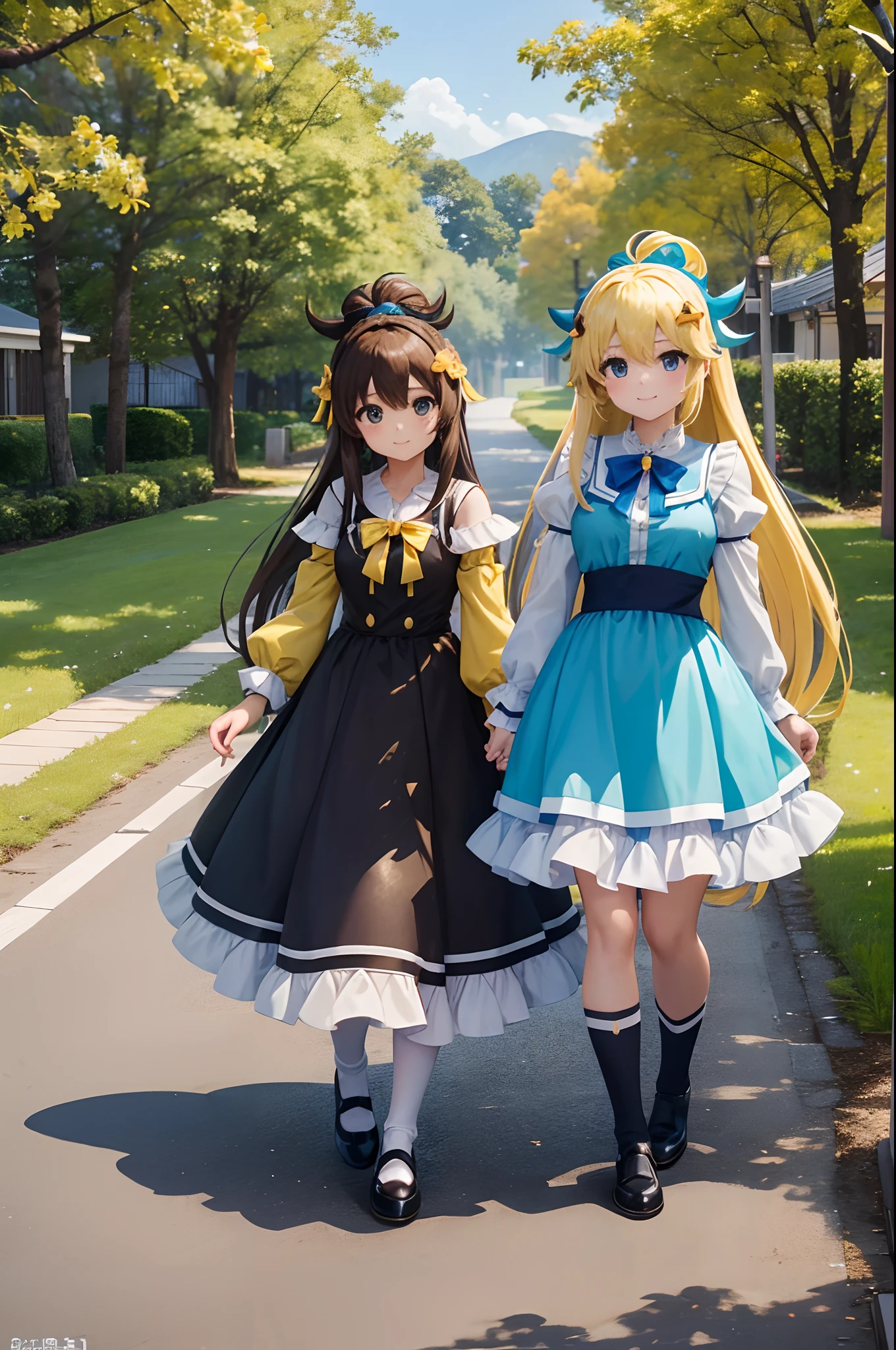 ​masterpiece, top-quality, Princess_aqua_Konosuba, Yellow and brown dresses, Black eyes, A charming smile、Light blue long hair、 Twin-tailed、standingn, (borgar: 1.1), ​​clouds, A path lined with yellow ginkgo trees、Near and far law、