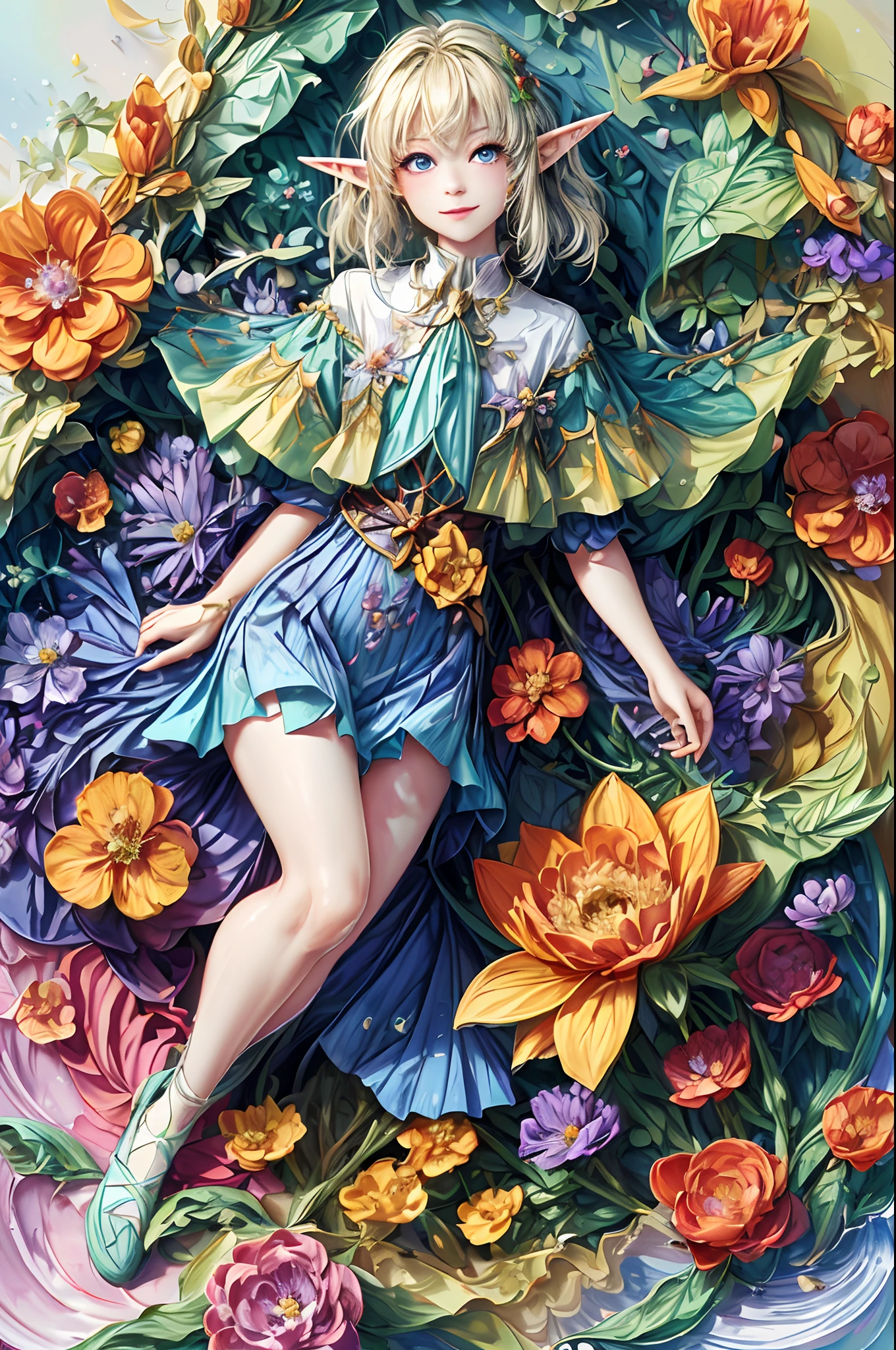 Welcome to the fantasy of unknown lands,(A female elf will guide you,anatomy correct,Accurate and perfect face of European and American cartoon girl),kindly smile,Beautiful girl with a sense of transparency,beautiful fairie,Small ears,Fly around,kaleidoscopic,Among the thousands of purple and red flowers,digital illustrations,复杂,Uptrend,pastel colour,oil painted,award winning photography,Bokeh,depth of fields,hdr,blooms,color difference,真实感,The is very detailed,trends in art station,CGSociety trends,复杂,high detal,dramatics,Midjourney Art