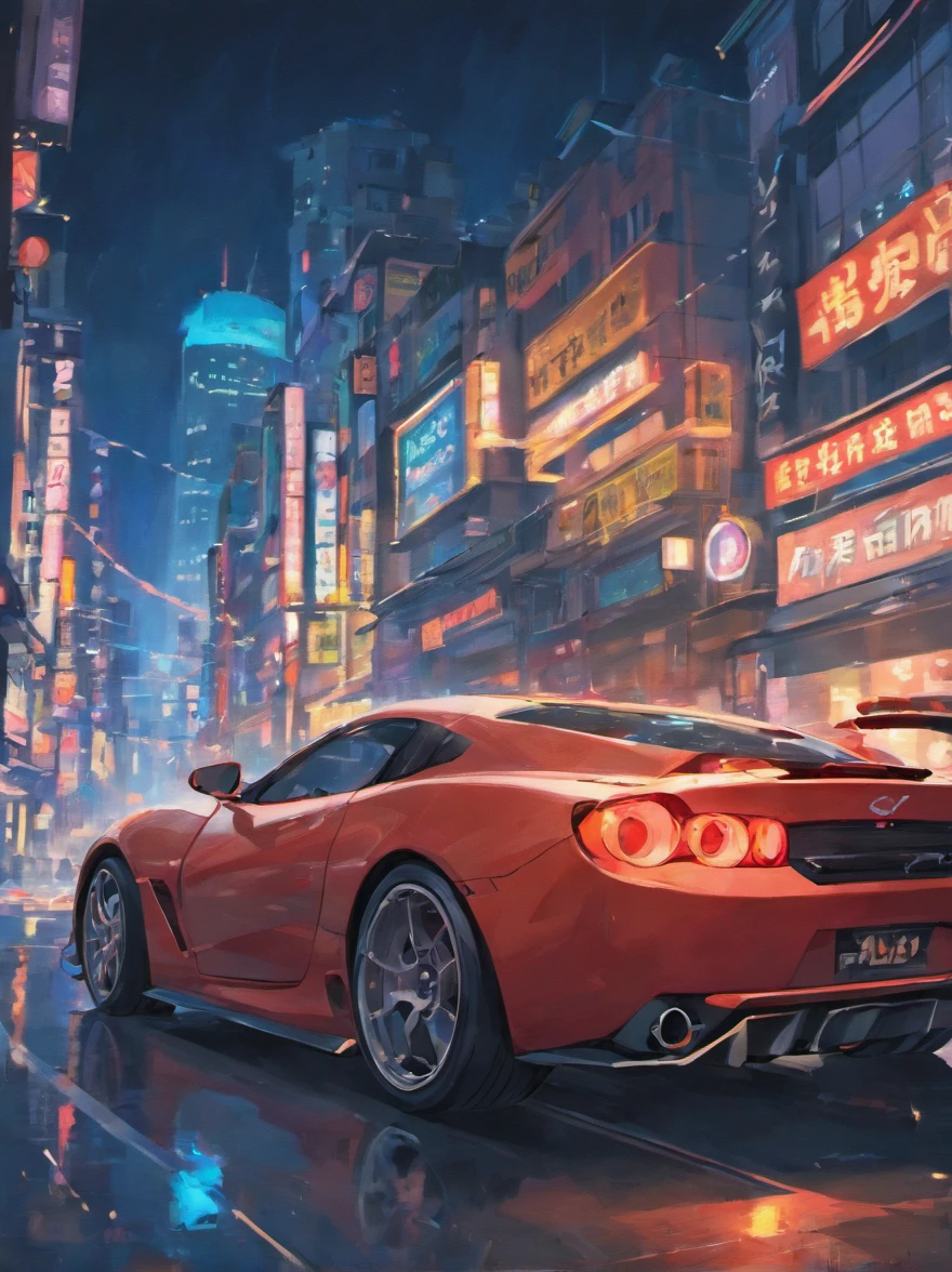 On a moonlit night,A sports car driving on the road,a sense of atmosphere,Exquisite illustrations